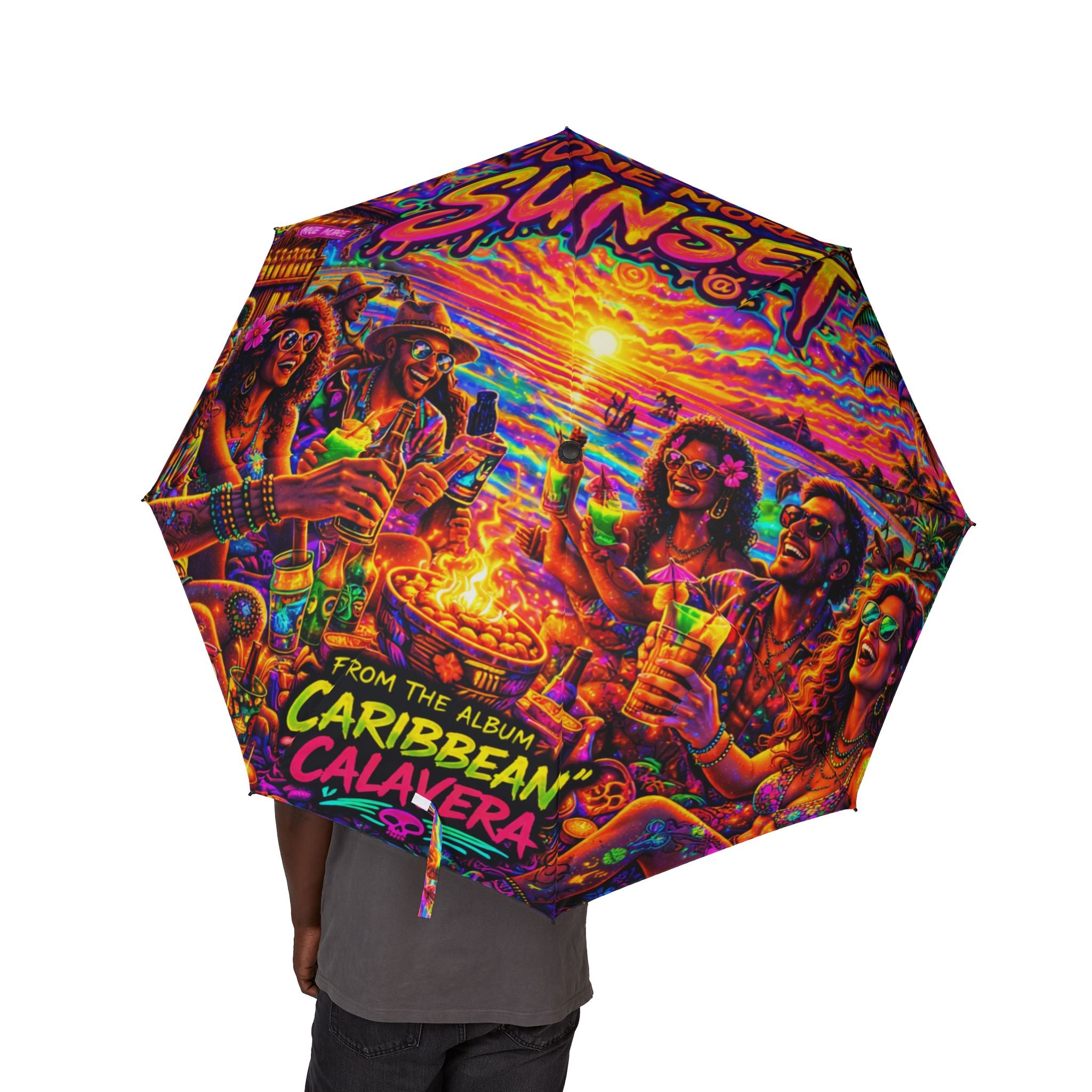 One More Sunset Psychedelic Sunset Foldable Umbrella — Vibrant Trippy Print, Semi-Automatic Compact