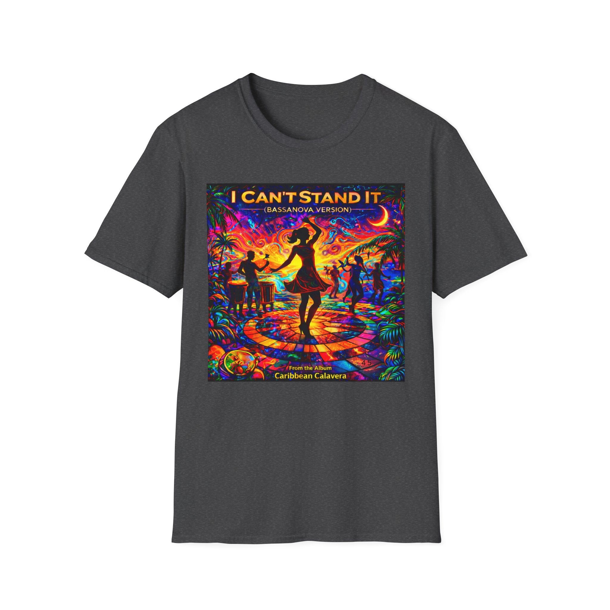 I Can't Stand It Dance T-Shirt   Song Cover Art From The Caribbean Calavera Album — Vibrant Caribbean Disco Sunset Tee