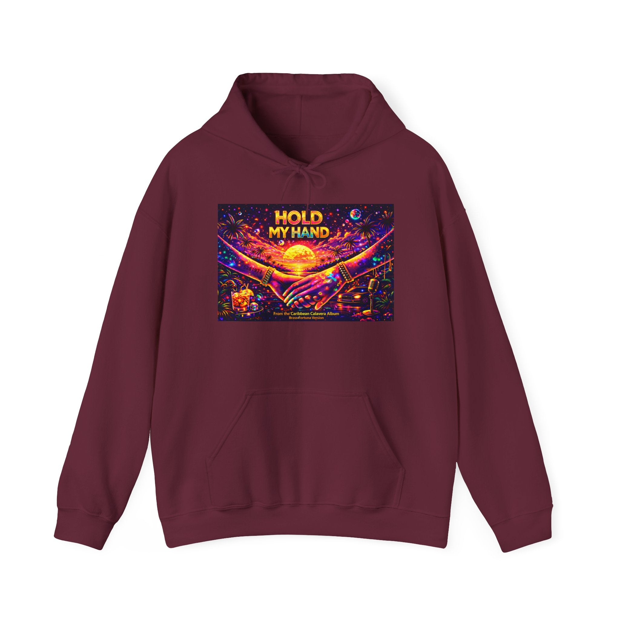 Hold My Hand Cosmic Hoodie Song Cover Art From The Caribbean Calavera Album  — Vibrant Sunset Hands Graphic Sweatshirt