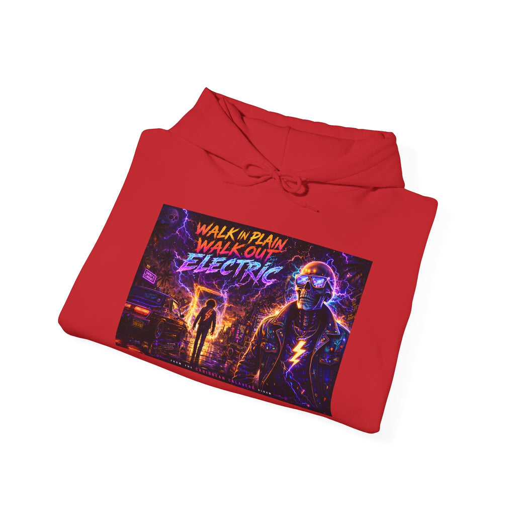 Hoodie — Neon 'Walk With Me, Walk Out Electric' Retro Cyberpunk Design