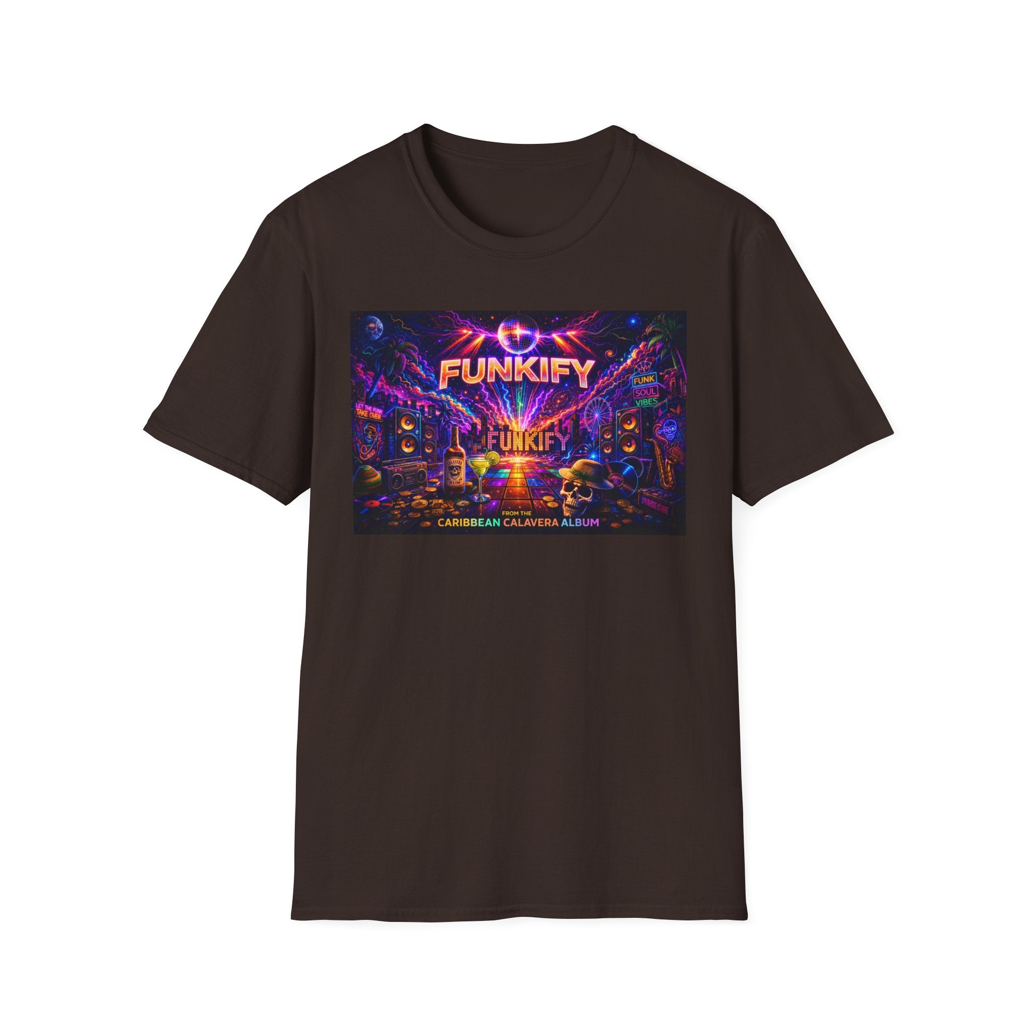 Funkify   Song Cover Art From The Caribbean Calavera Album  Neon City T-Shirt – Retro Synthwave Music Tee