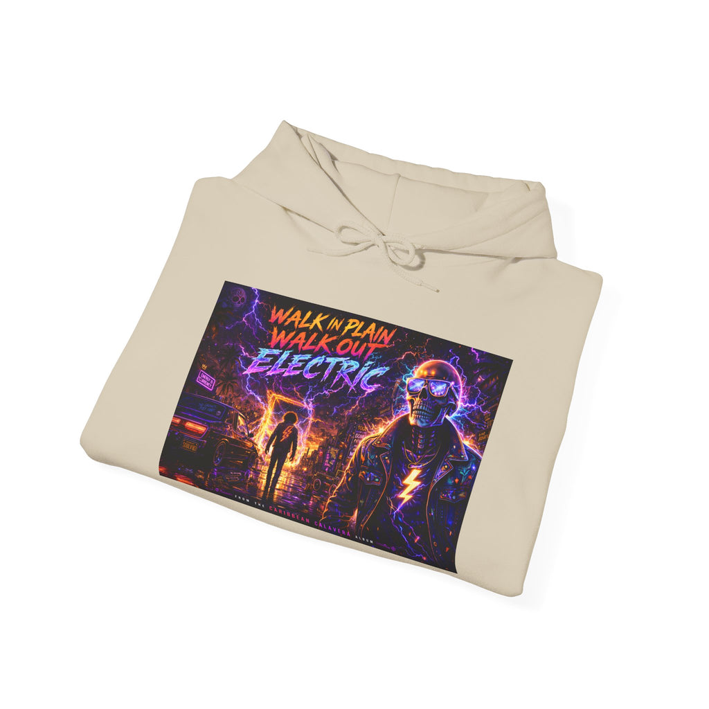 Hoodie — Neon 'Walk With Me, Walk Out Electric' Retro Cyberpunk Design