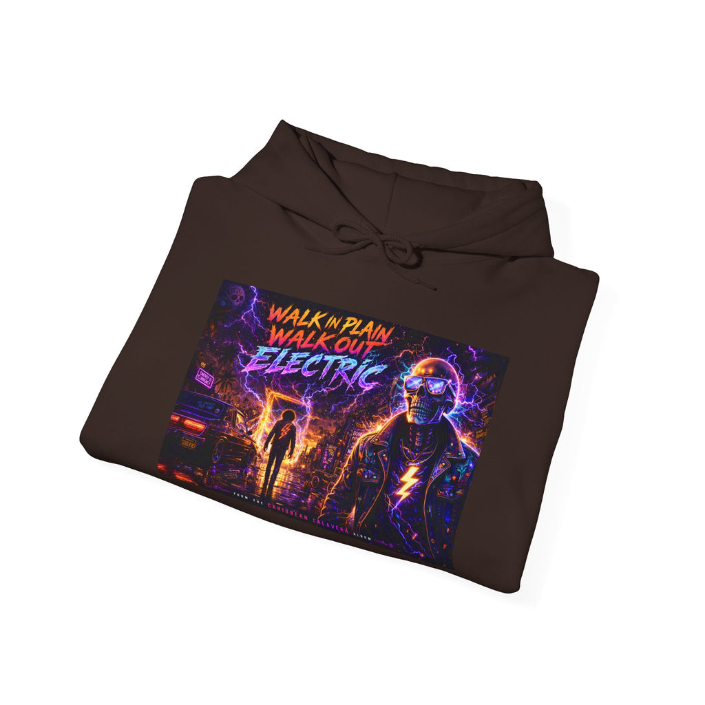 Hoodie — Neon 'Walk With Me, Walk Out Electric' Retro Cyberpunk Design