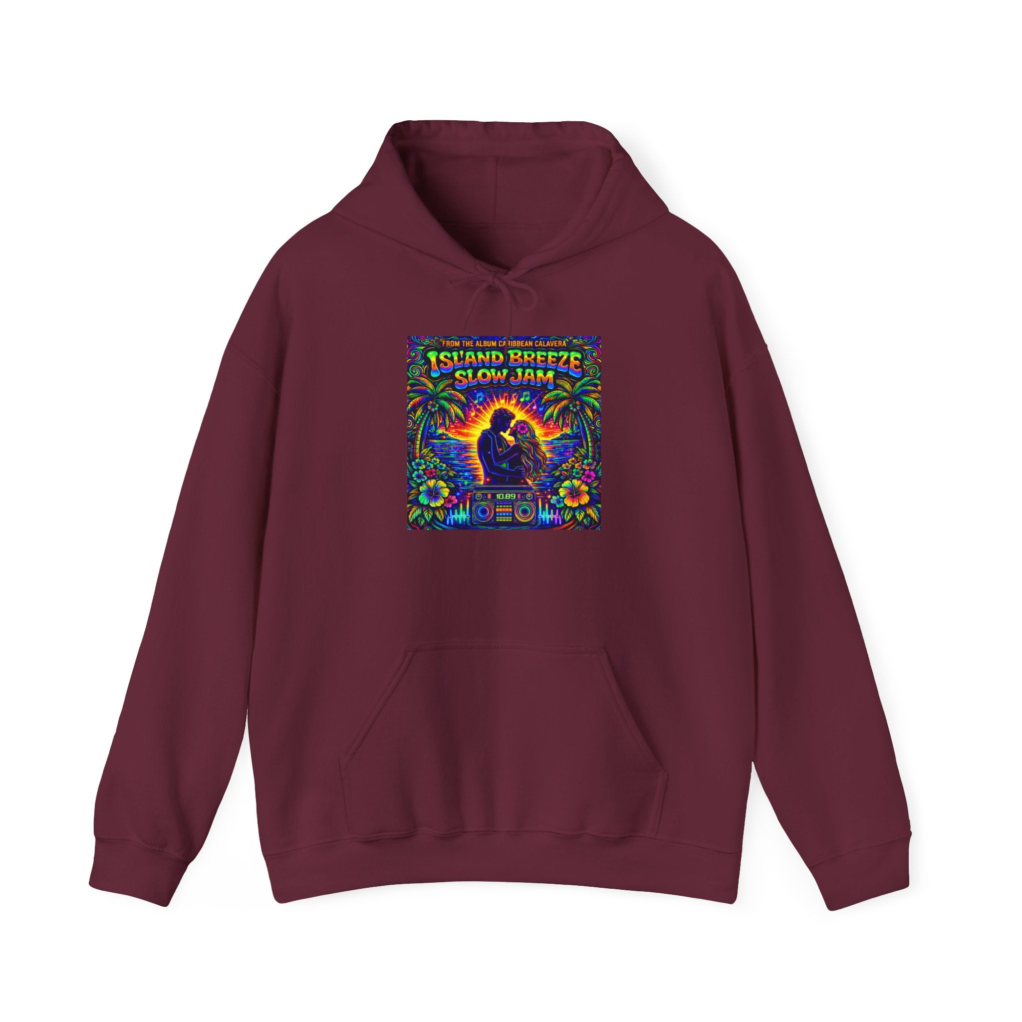 Island Breeze Slow Jam Hoodie  Song Cover Art From The Caribbean Calavera Album  — Retro Tropical Couple Graphic Hoodie