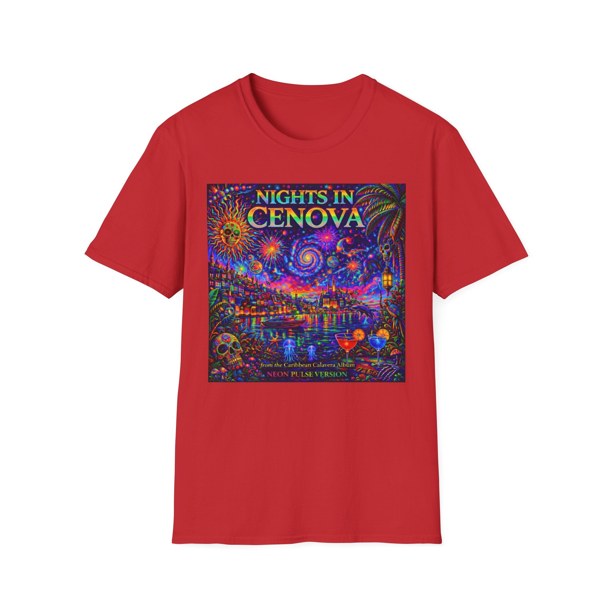 Nights in Cenovia T-Shirt  Song Cover Art From The Caribbean Calavera Album   — Colorful Fireworks Cityscape Tee