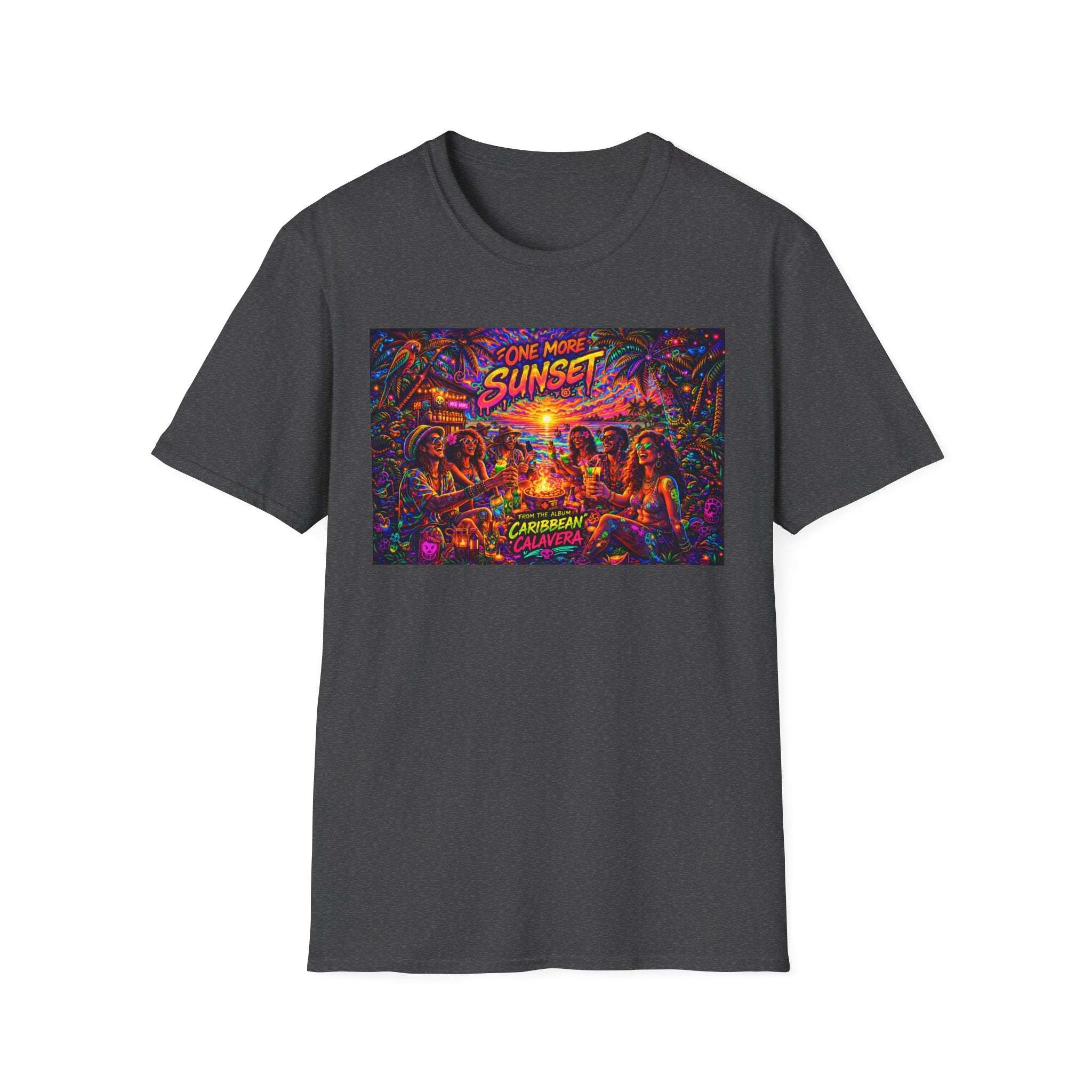 One More Sunset Bonfire Graphic T-Shirt  Song Cover Art From The Caribbean Calavera Album   — "Sunset" Neon Beach Party Tee