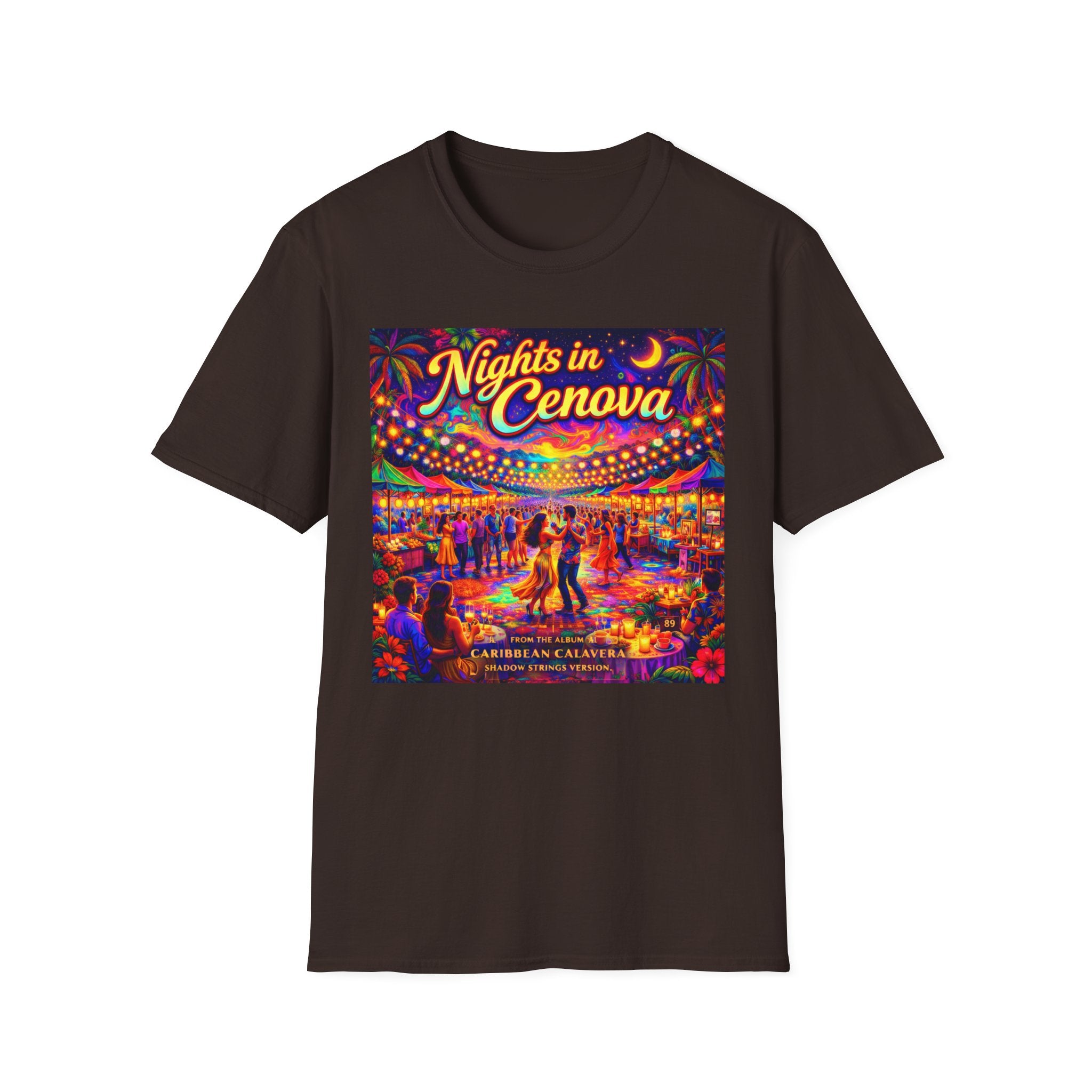Nights in Cenova Graphic T-Shirt Song Cover Art From The Caribbean Calavera Album — Colorful Festival Street Scene