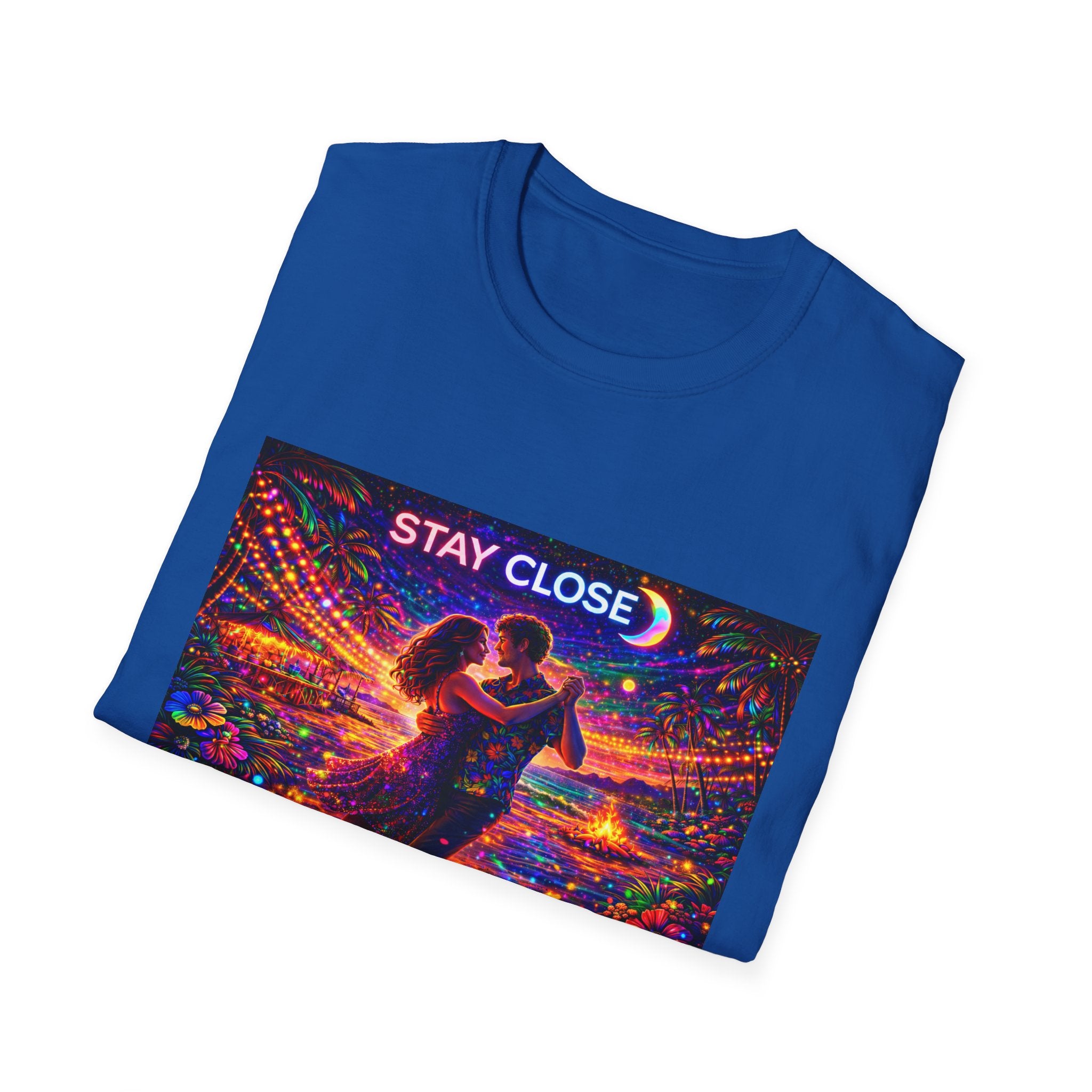Stay Close Romantic Graphic T‑Shirt  Song Cover Art From The Caribbean Calavera Album  — Neon Couple Illustration
