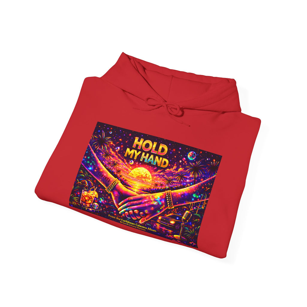 Hold My Hand Cosmic Hoodie Song Cover Art From The Caribbean Calavera Album  — Vibrant Sunset Hands Graphic Sweatshirt