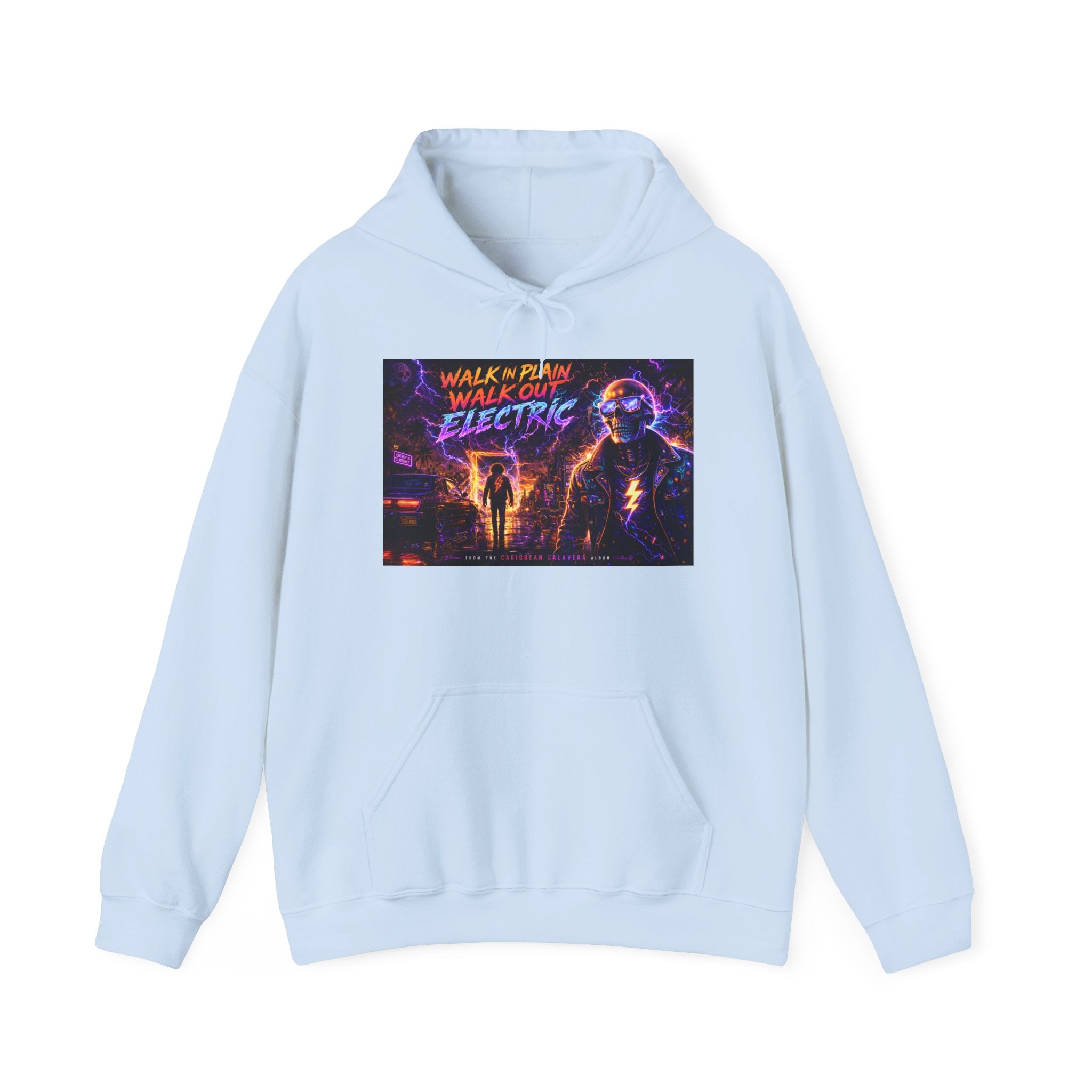 Hoodie — Neon 'Walk With Me, Walk Out Electric' Retro Cyberpunk Design
