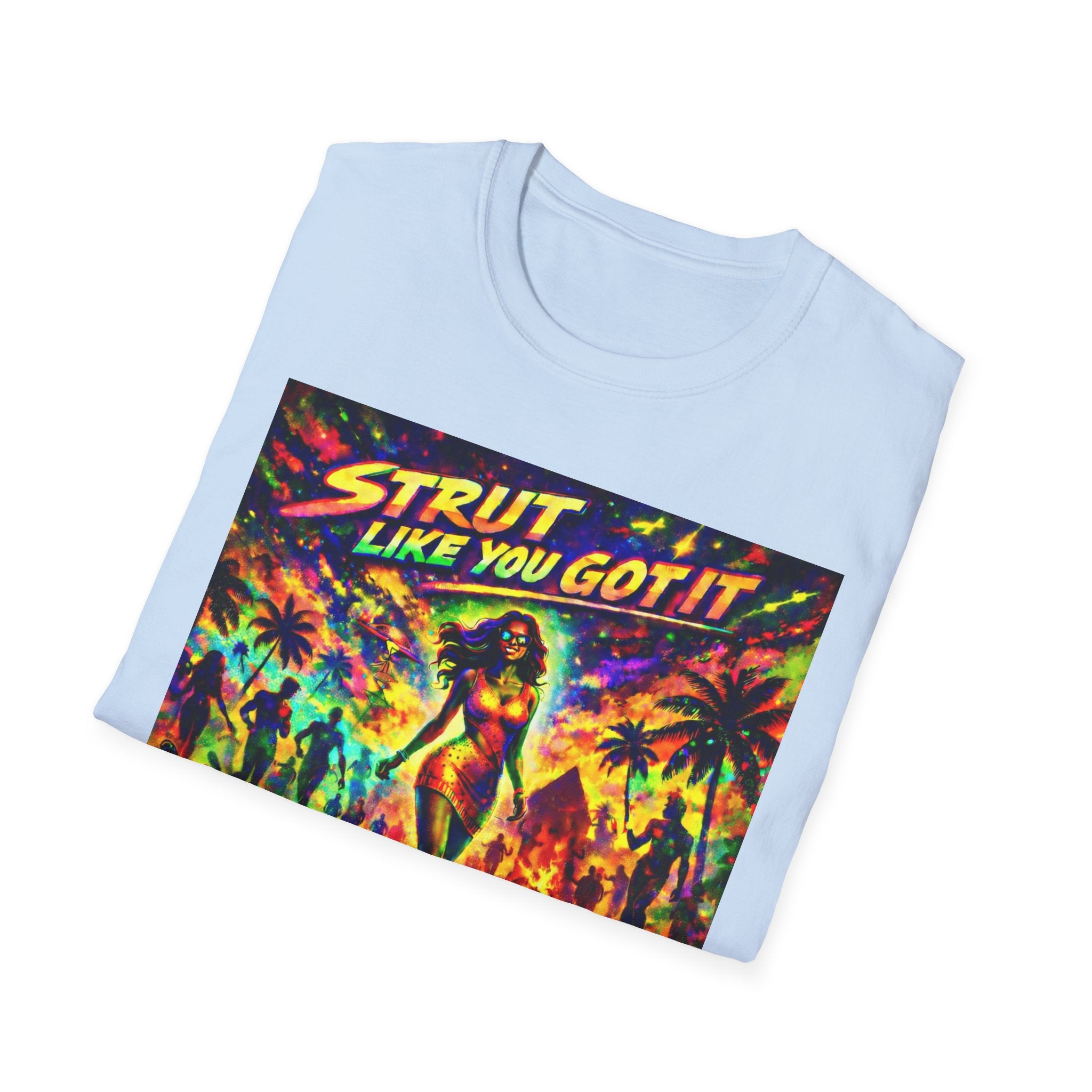 Strut Like You Got It Graphic T-Shirt  Song Cover Art From The Caribbean Calavera Album — Retro Neon Beach Vibe