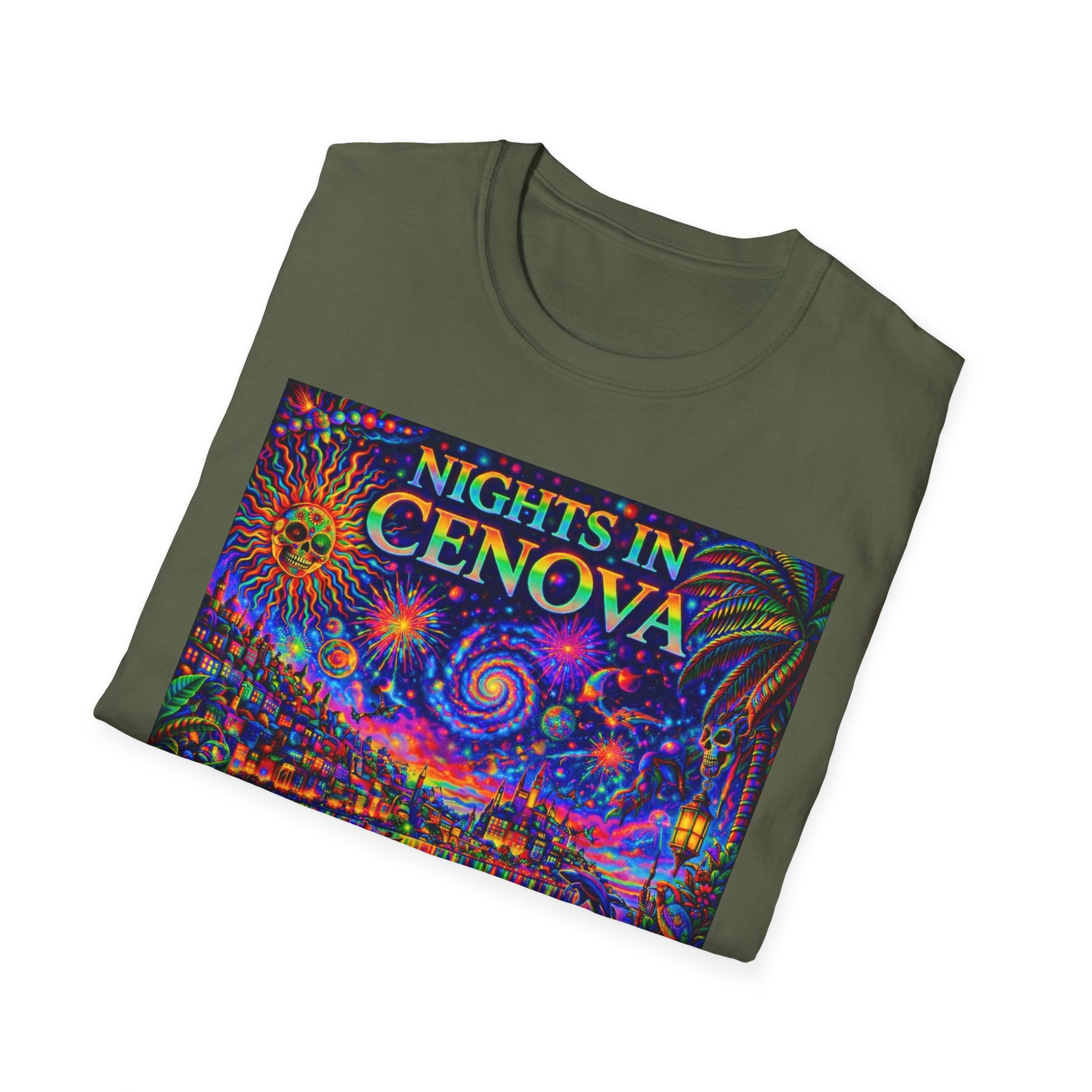 Nights in Cenovia T-Shirt  Song Cover Art From The Caribbean Calavera Album   — Colorful Fireworks Cityscape Tee