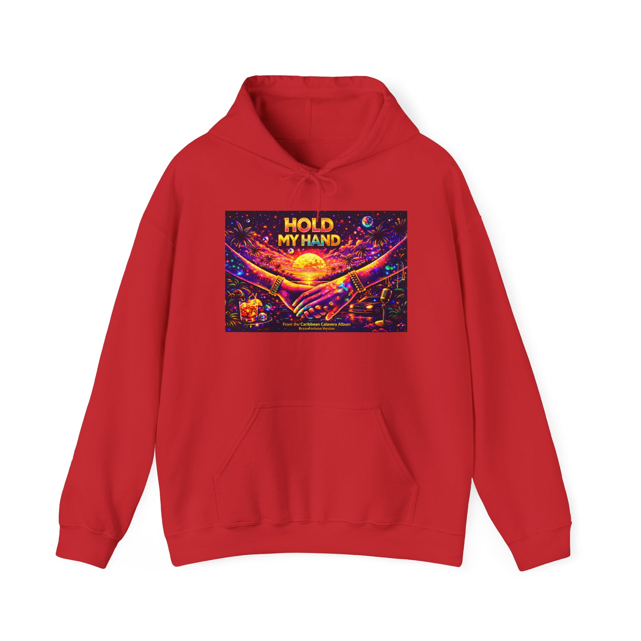Hold My Hand Cosmic Hoodie Song Cover Art From The Caribbean Calavera Album  — Vibrant Sunset Hands Graphic Sweatshirt
