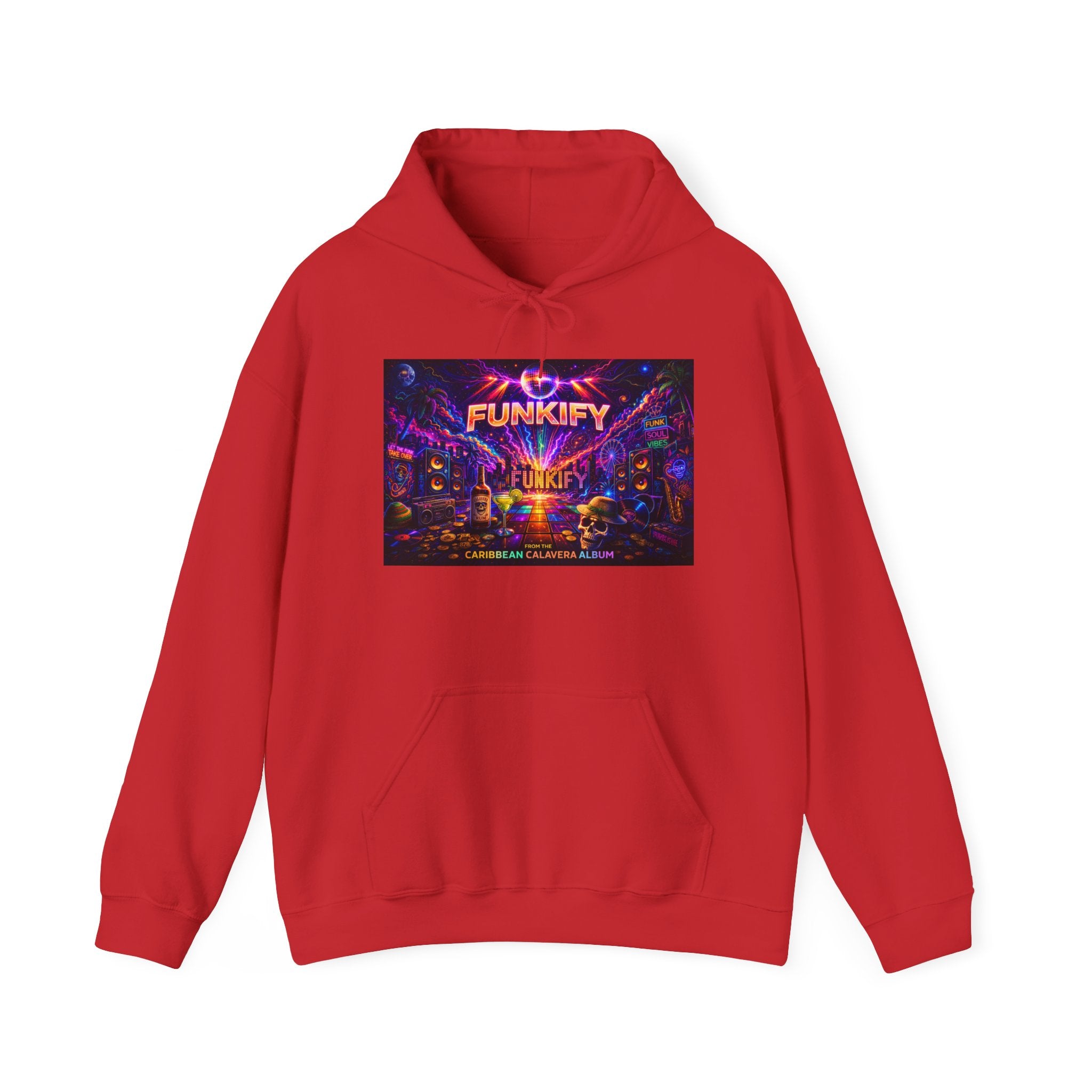 Funkify  Song Cover Art From The Caribbean Calavera Album   Retro Neon Music Hoodie — Vibrant Electronic Festival Sweatshirt
