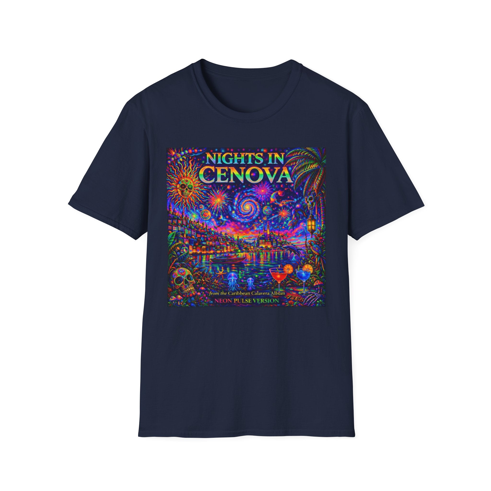 Nights in Cenovia T-Shirt  Song Cover Art From The Caribbean Calavera Album   — Colorful Fireworks Cityscape Tee