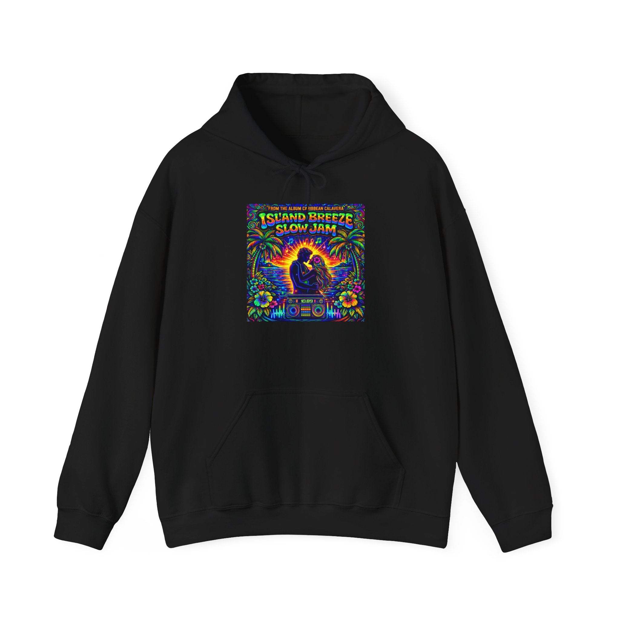 Island Breeze Slow Jam Hoodie  Song Cover Art From The Caribbean Calavera Album  — Retro Tropical Couple Graphic Hoodie