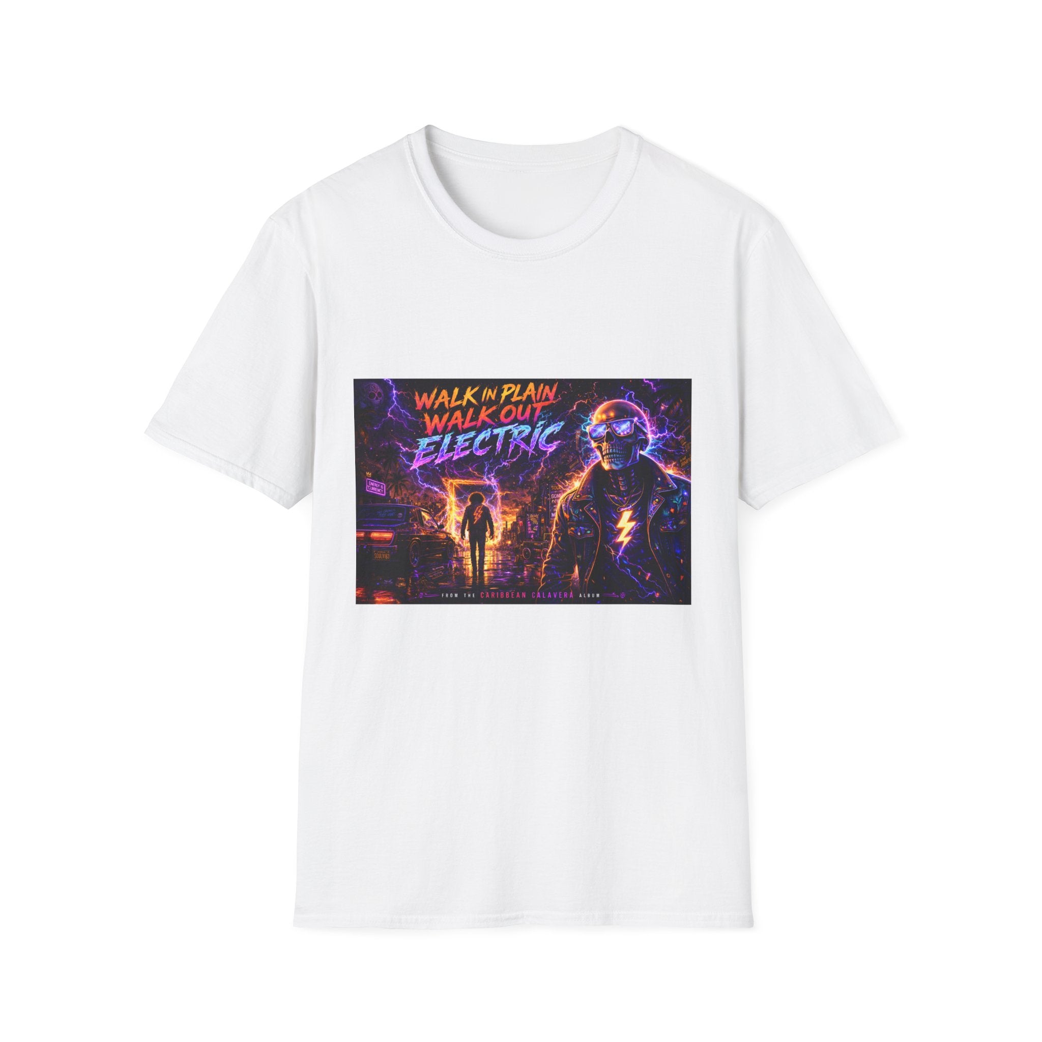 Walk Out Electric  Song Cover Art From The Caribbean Calavera Album Hoodie Retro Tee — “Walk In Plain, Walk Out Electric” Vintage Cyberpunk T-Shirt