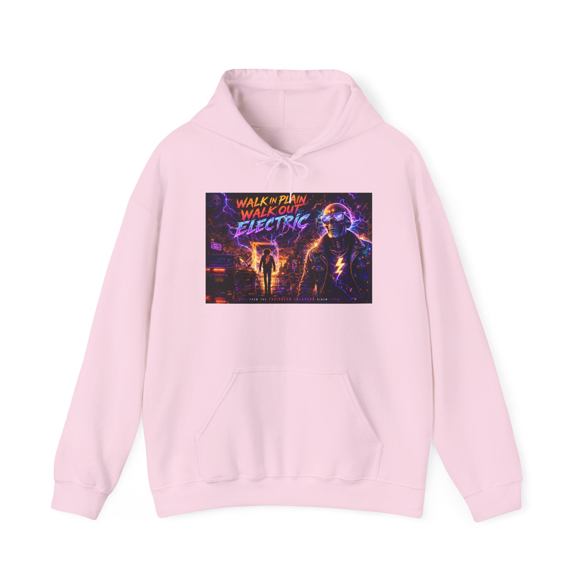 Hoodie — Neon 'Walk With Me, Walk Out Electric' Retro Cyberpunk Design