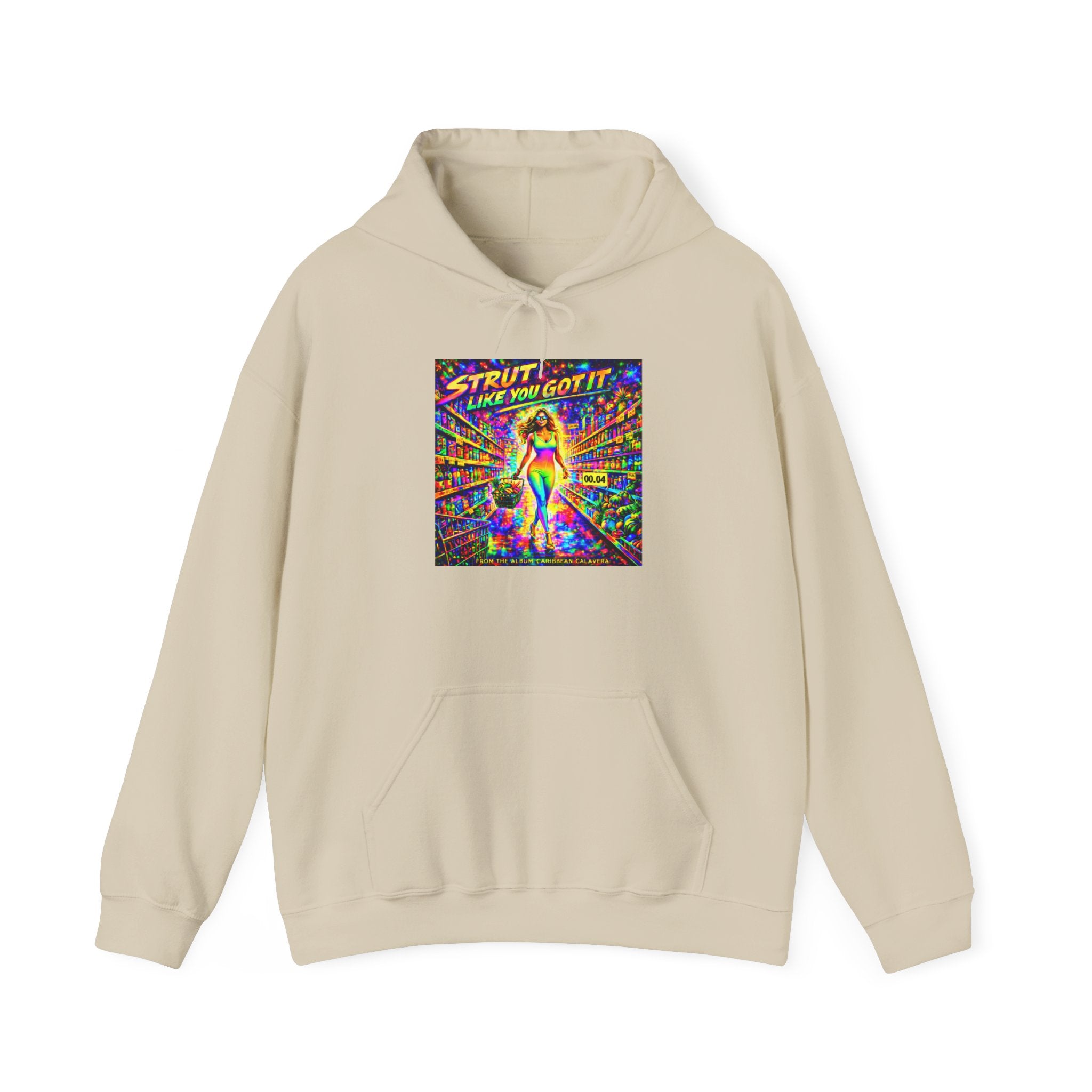 Strut! Like You Got It Retro Disco Hoodie Song Cover Art From The Caribbean Calavera Album — Colorful Rainbow Graphic