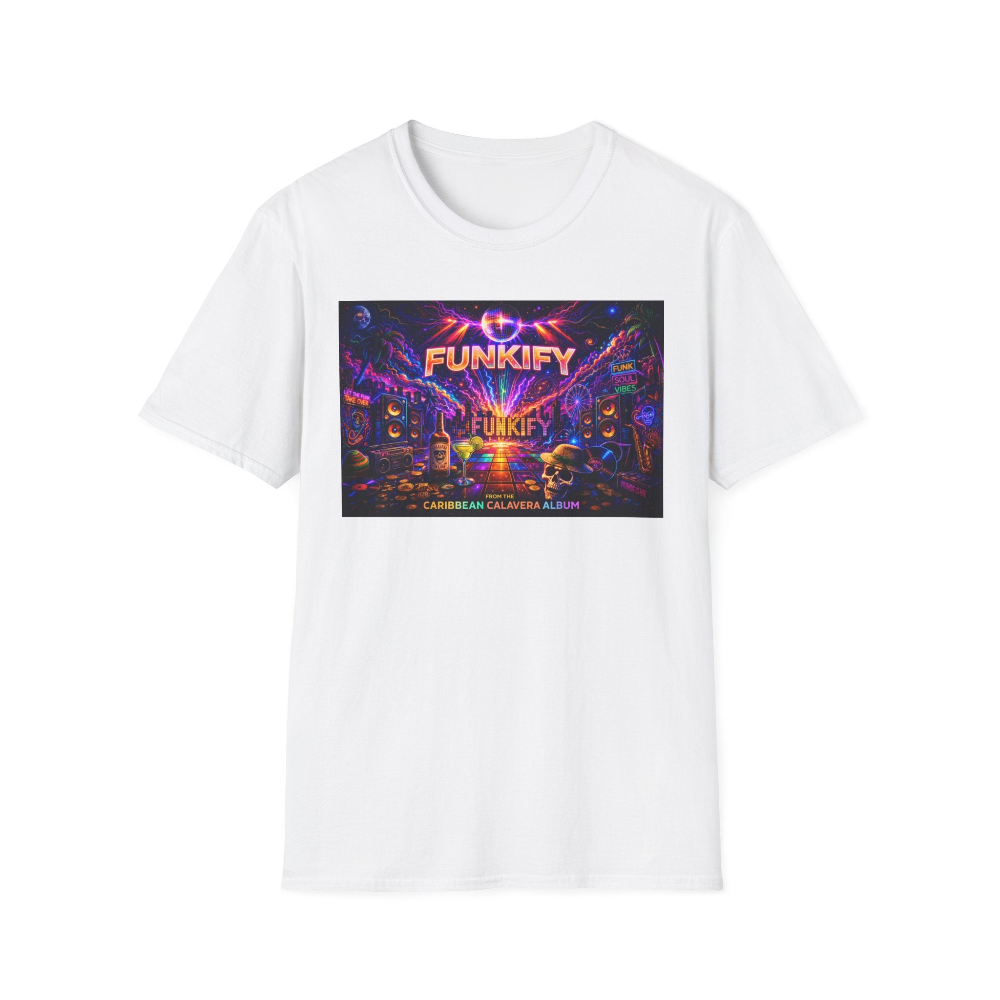 Funkify   Song Cover Art From The Caribbean Calavera Album  Neon City T-Shirt – Retro Synthwave Music Tee