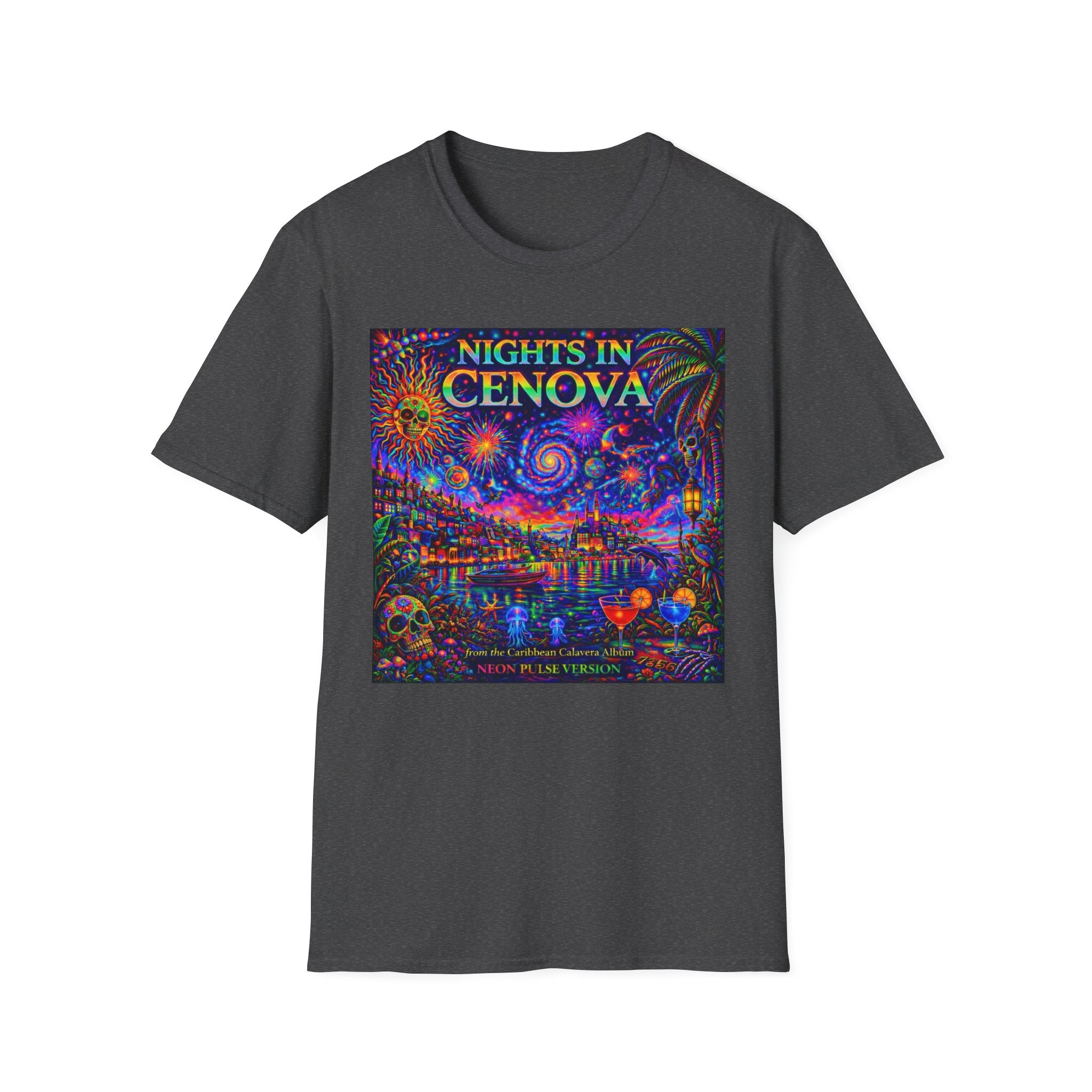 Nights in Cenovia T-Shirt  Song Cover Art From The Caribbean Calavera Album   — Colorful Fireworks Cityscape Tee