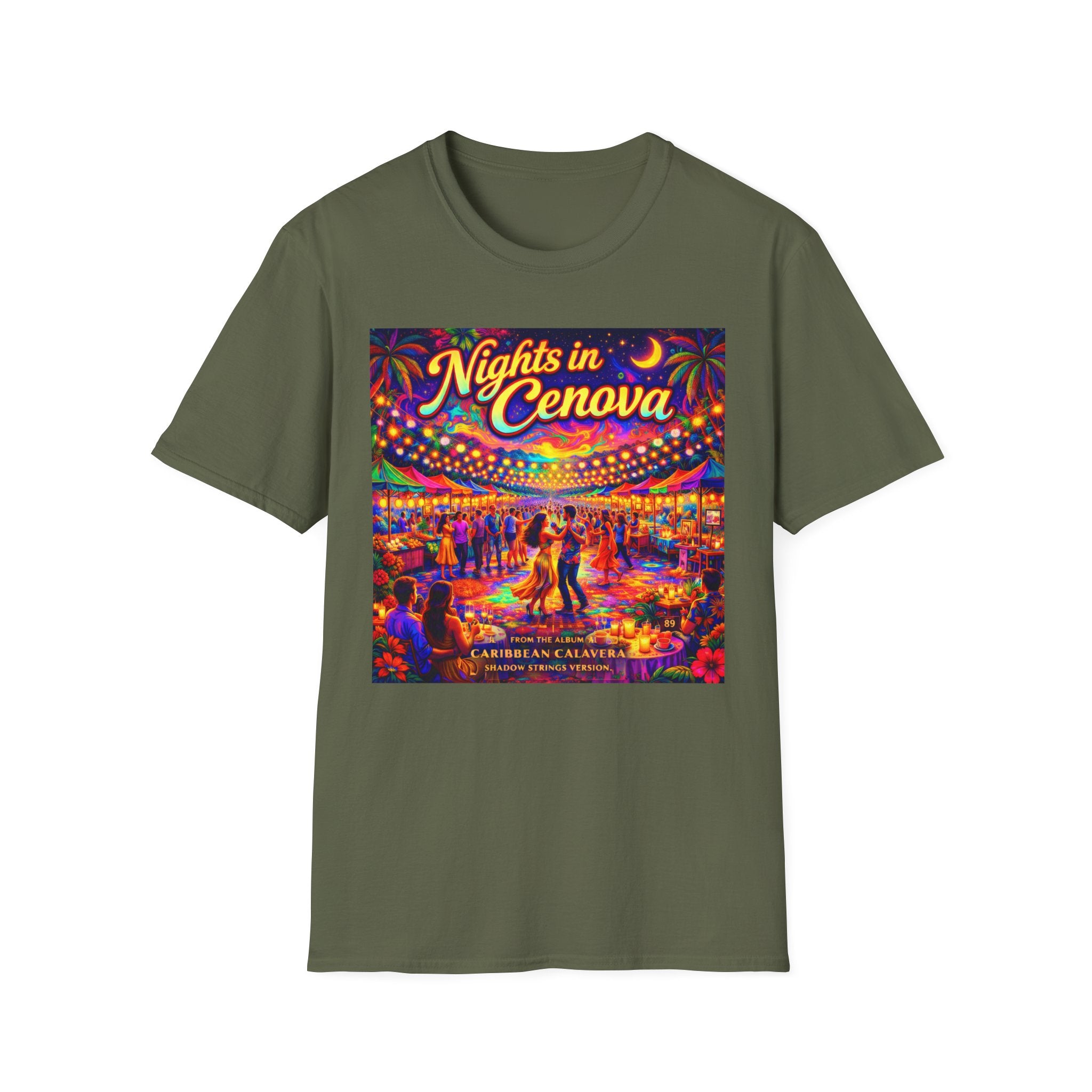Nights in Cenova Graphic T-Shirt Song Cover Art From The Caribbean Calavera Album — Colorful Festival Street Scene