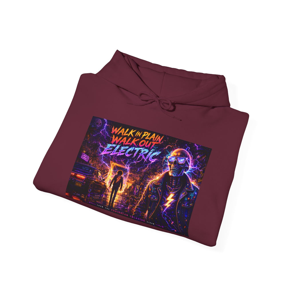 Hoodie — Neon 'Walk With Me, Walk Out Electric' Retro Cyberpunk Design