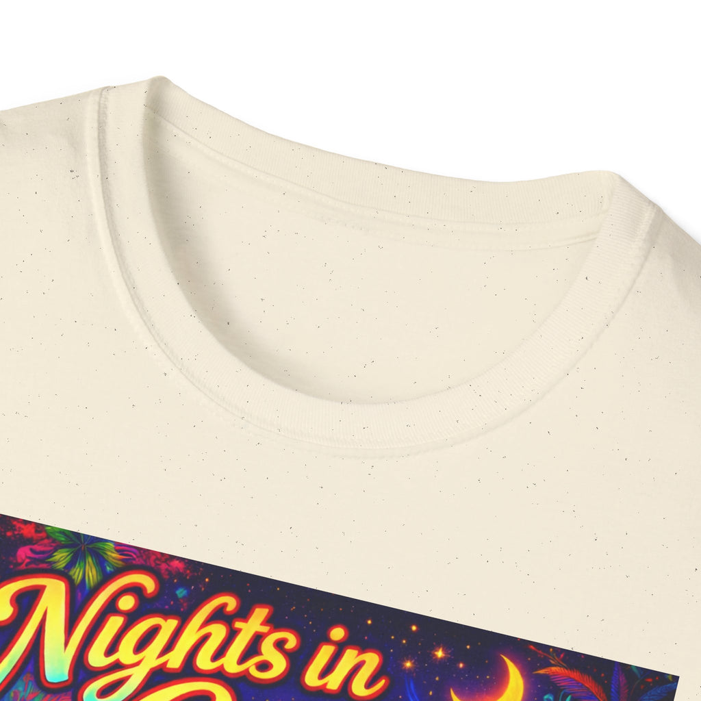 Nights in Cenova Graphic T-Shirt Song Cover Art From The Caribbean Calavera Album — Colorful Festival Street Scene