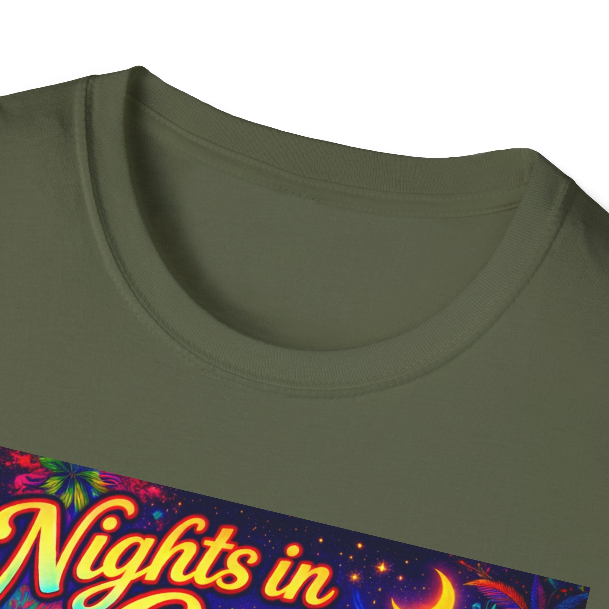 Nights in Cenova Graphic T-Shirt Song Cover Art From The Caribbean Calavera Album — Colorful Festival Street Scene