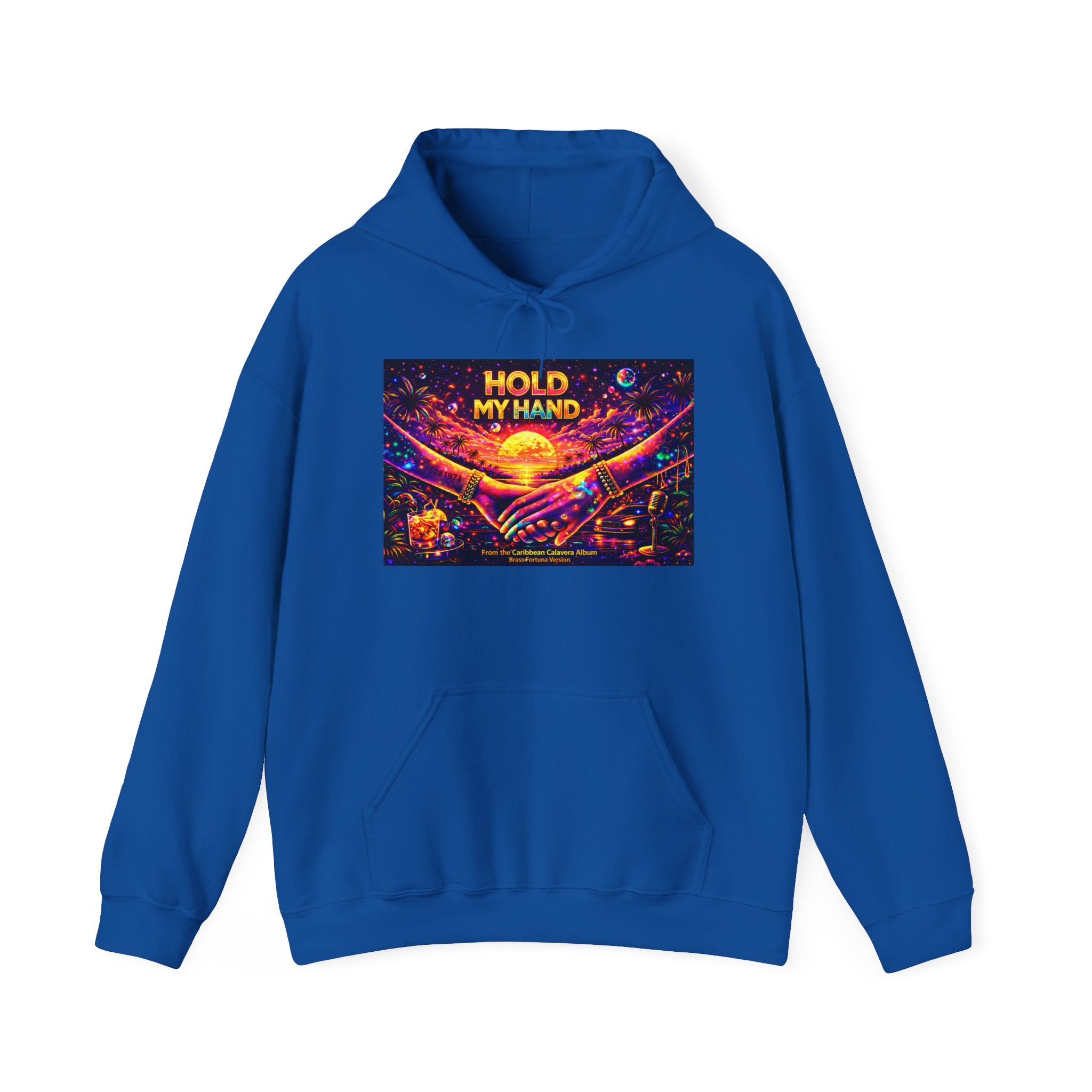 Hold My Hand Cosmic Hoodie Song Cover Art From The Caribbean Calavera Album  — Vibrant Sunset Hands Graphic Sweatshirt
