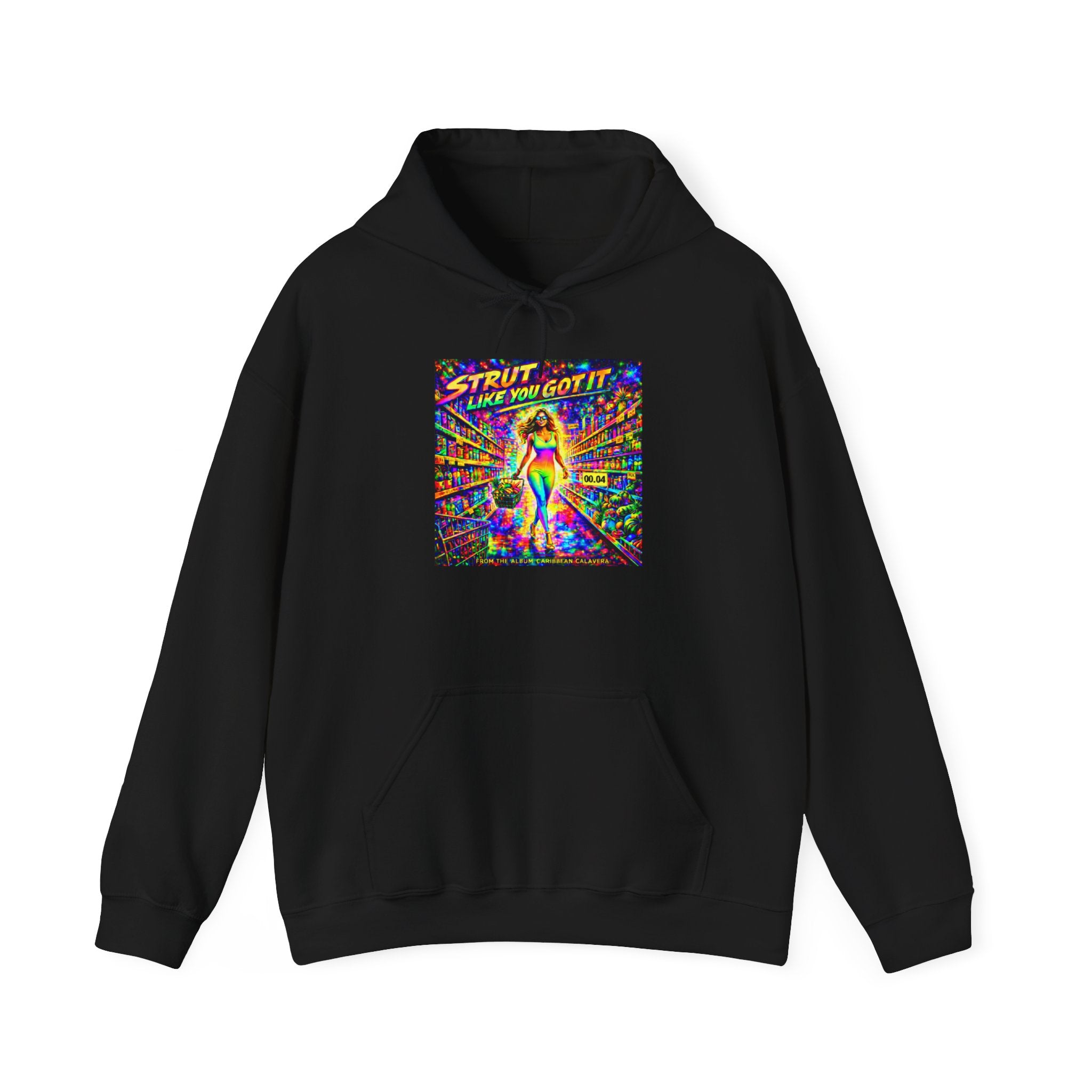 Strut! Like You Got It Retro Disco Hoodie Song Cover Art From The Caribbean Calavera Album — Colorful Rainbow Graphic