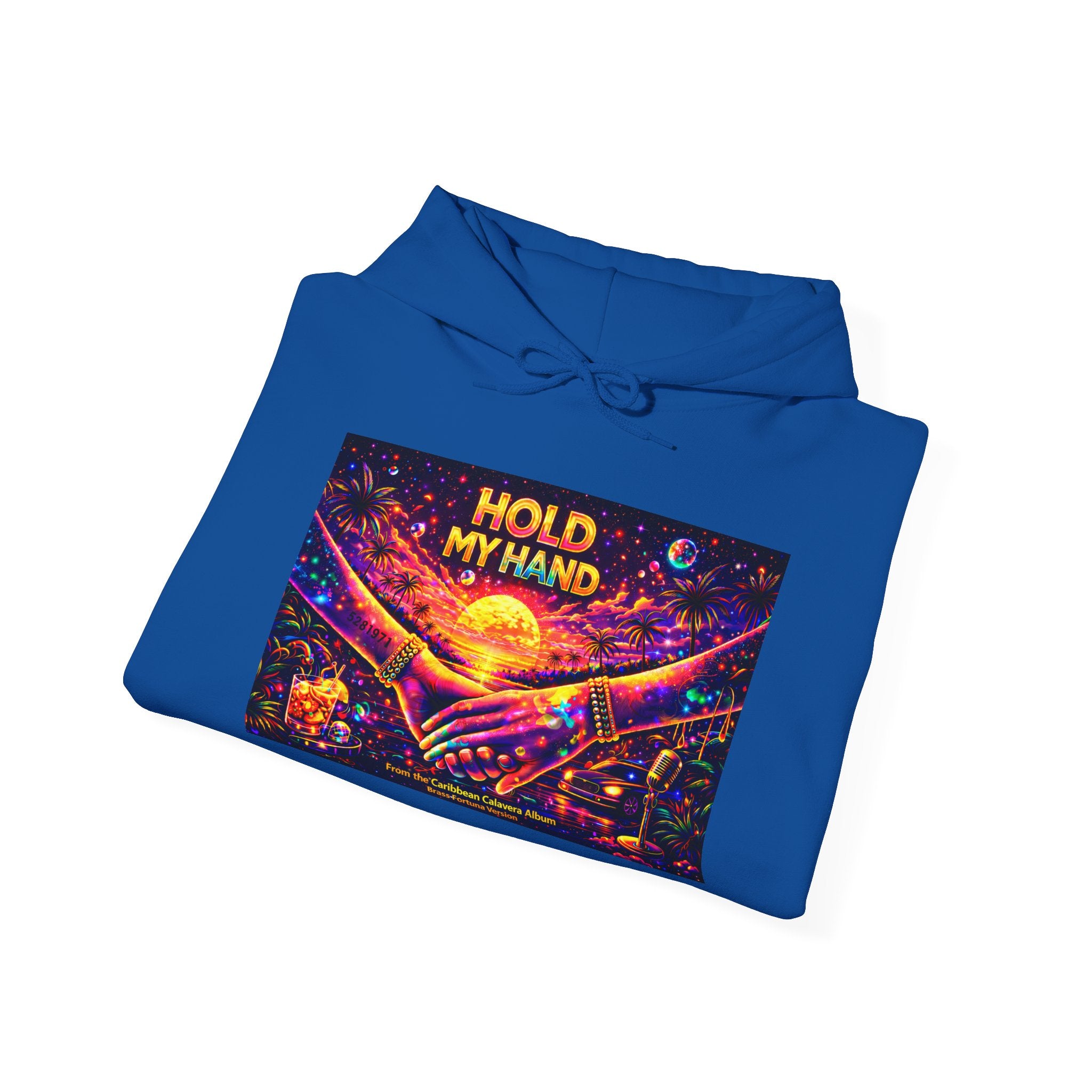 Hold My Hand Cosmic Hoodie Song Cover Art From The Caribbean Calavera Album  — Vibrant Sunset Hands Graphic Sweatshirt