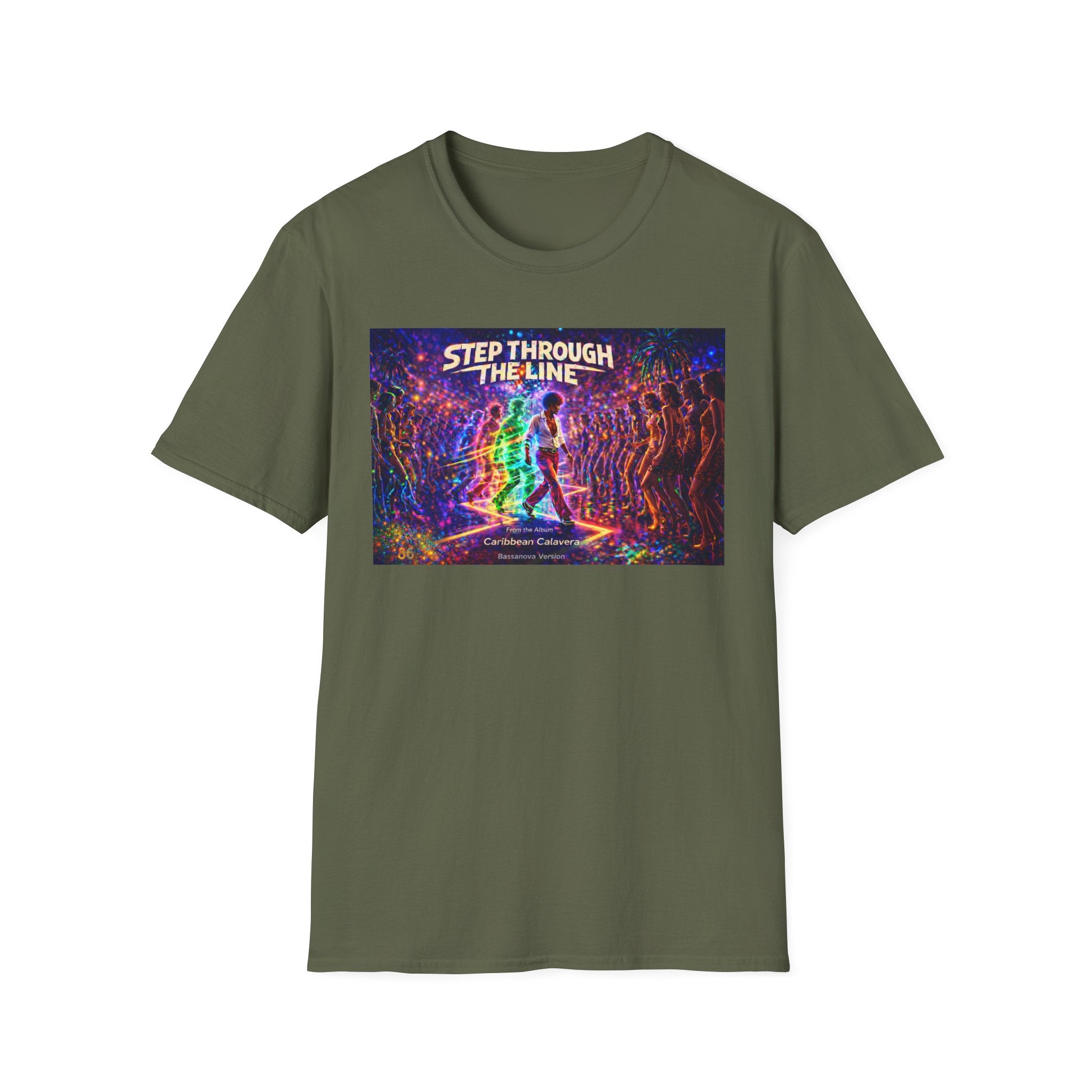Step Through The Line T-Shirt Song Cover Art From The Caribbean Calavera Album  — Psychedelic Rainbow Silhouette Graphic Tee