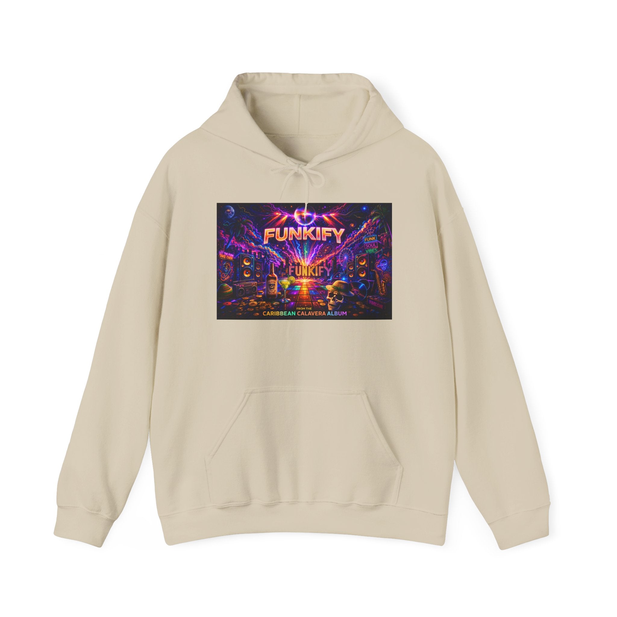 Funkify  Song Cover Art From The Caribbean Calavera Album   Retro Neon Music Hoodie — Vibrant Electronic Festival Sweatshirt