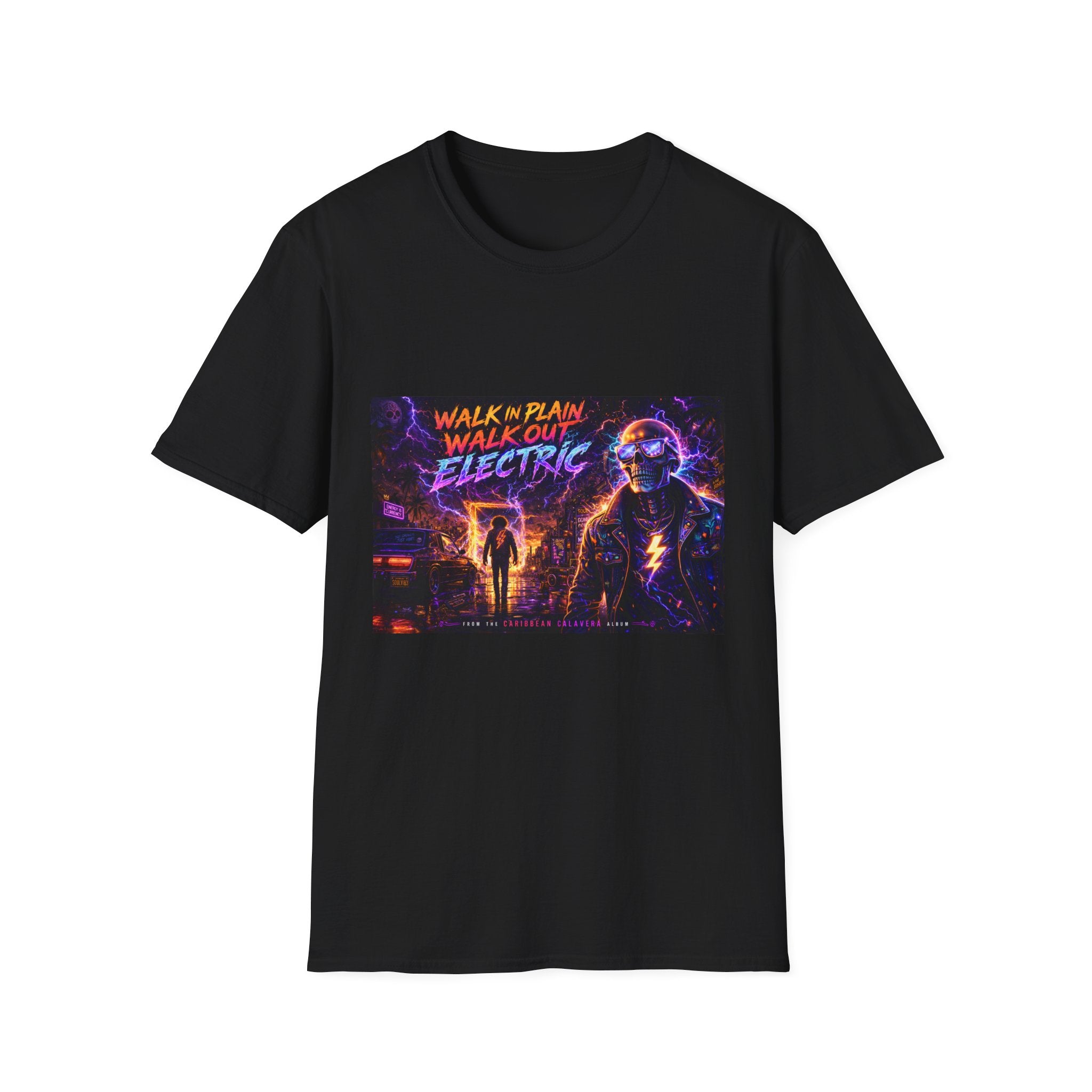 Walk Out Electric  Song Cover Art From The Caribbean Calavera Album Hoodie Retro Tee — “Walk In Plain, Walk Out Electric” Vintage Cyberpunk T-Shirt