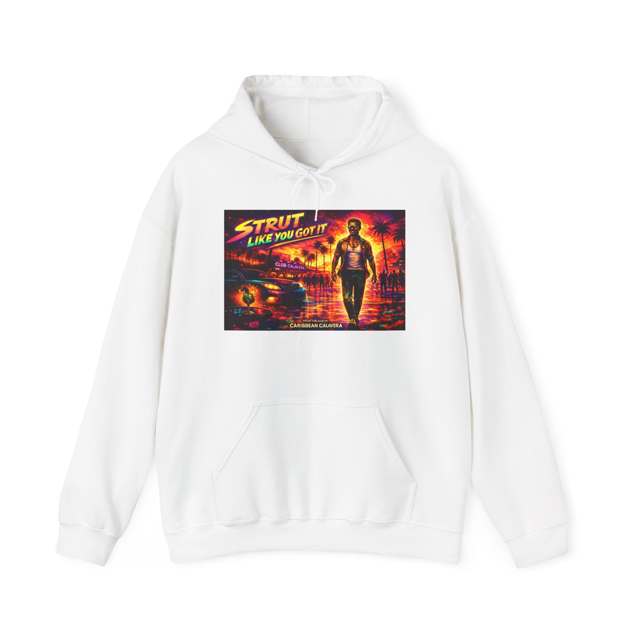 Retro 'Strut Like You Got It' Hoodie Song Cover Art From The Caribbean Calavera Album  — 80s Neon Vaporwave Streetwear