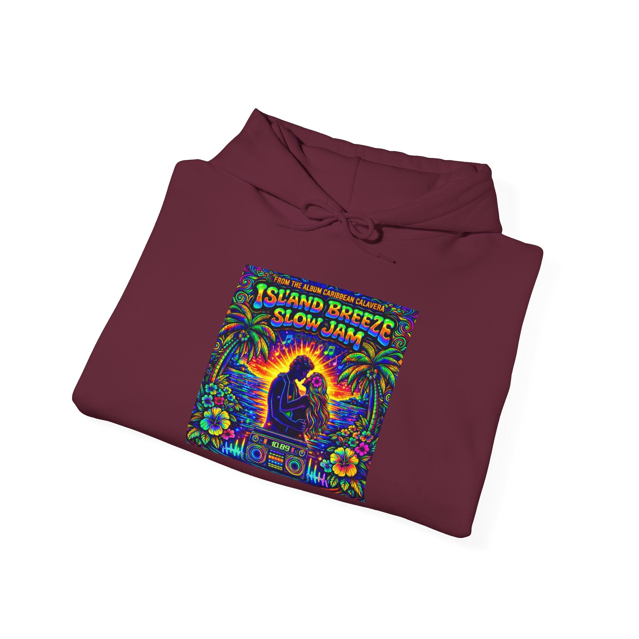 Island Breeze Slow Jam Hoodie  Song Cover Art From The Caribbean Calavera Album  — Retro Tropical Couple Graphic Hoodie