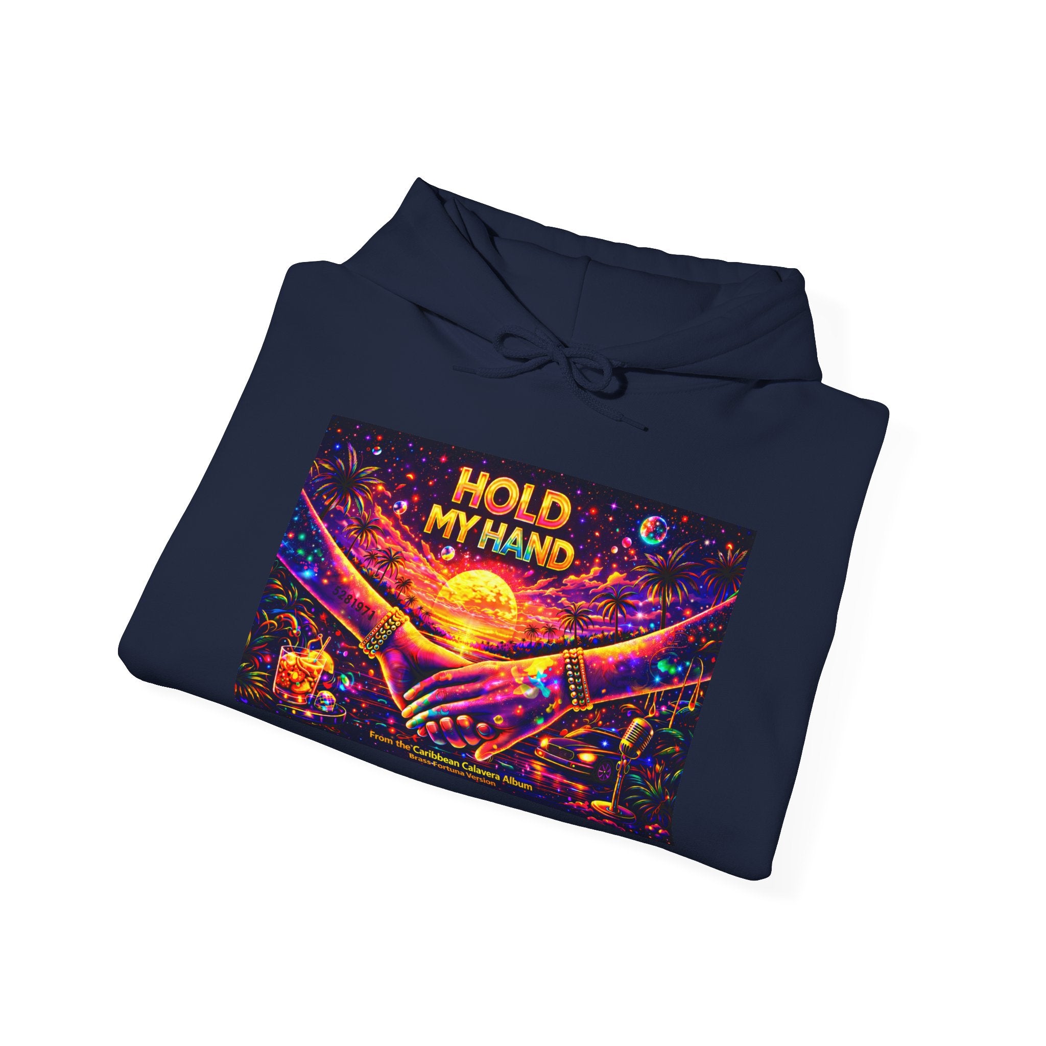Hold My Hand Cosmic Hoodie Song Cover Art From The Caribbean Calavera Album  — Vibrant Sunset Hands Graphic Sweatshirt
