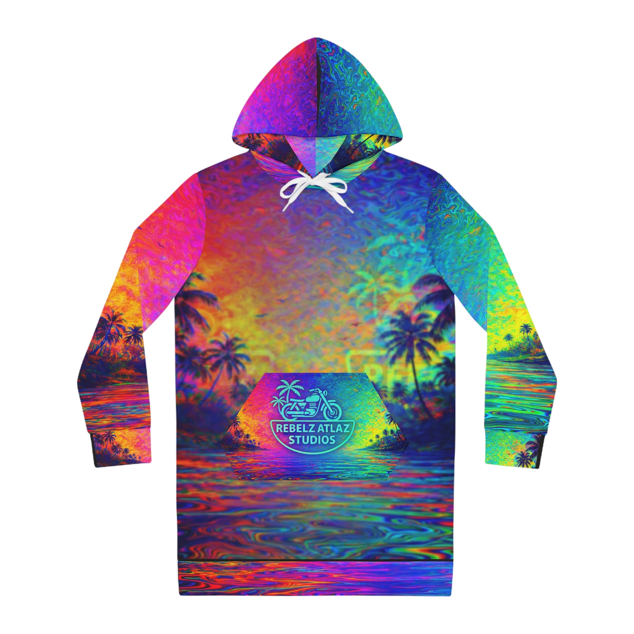 Rebelz Atlaz Logo Splash Hoodie Dress – Neon Motorcycle Beach Logo AOP