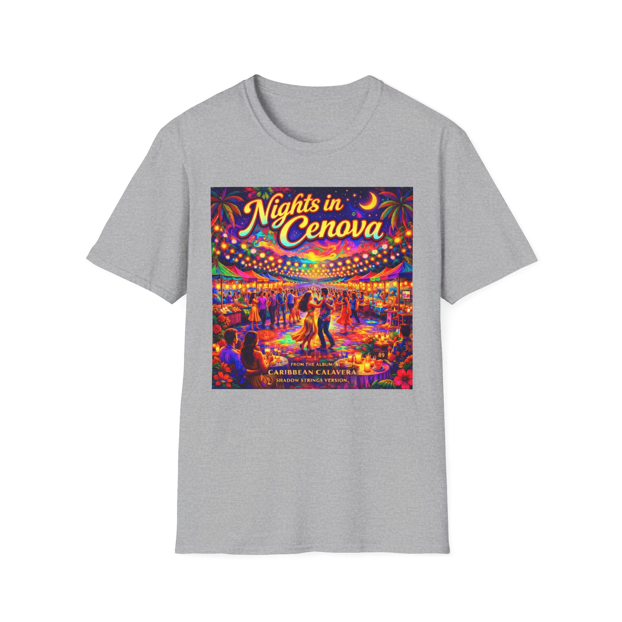 Nights in Cenova Graphic T-Shirt Song Cover Art From The Caribbean Calavera Album — Colorful Festival Street Scene