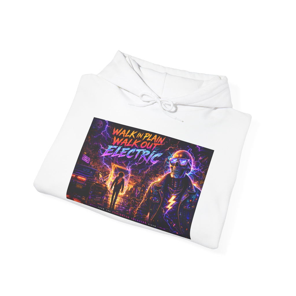 Hoodie — Neon 'Walk With Me, Walk Out Electric' Retro Cyberpunk Design