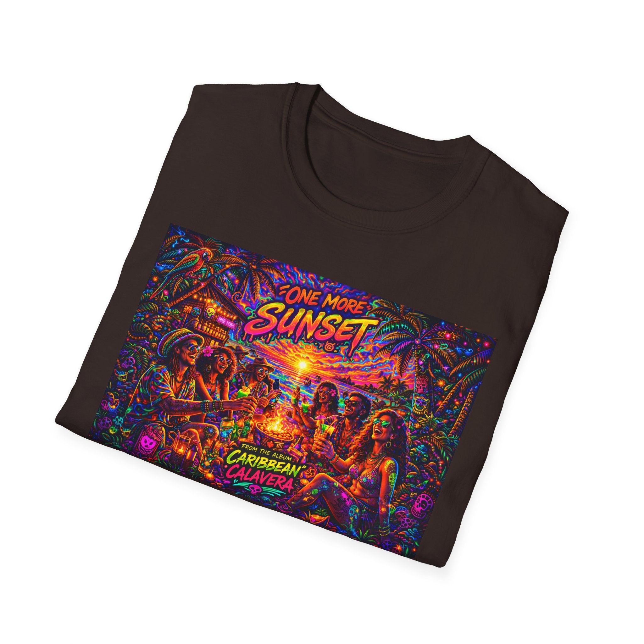 One More Sunset Bonfire Graphic T-Shirt  Song Cover Art From The Caribbean Calavera Album   — "Sunset" Neon Beach Party Tee