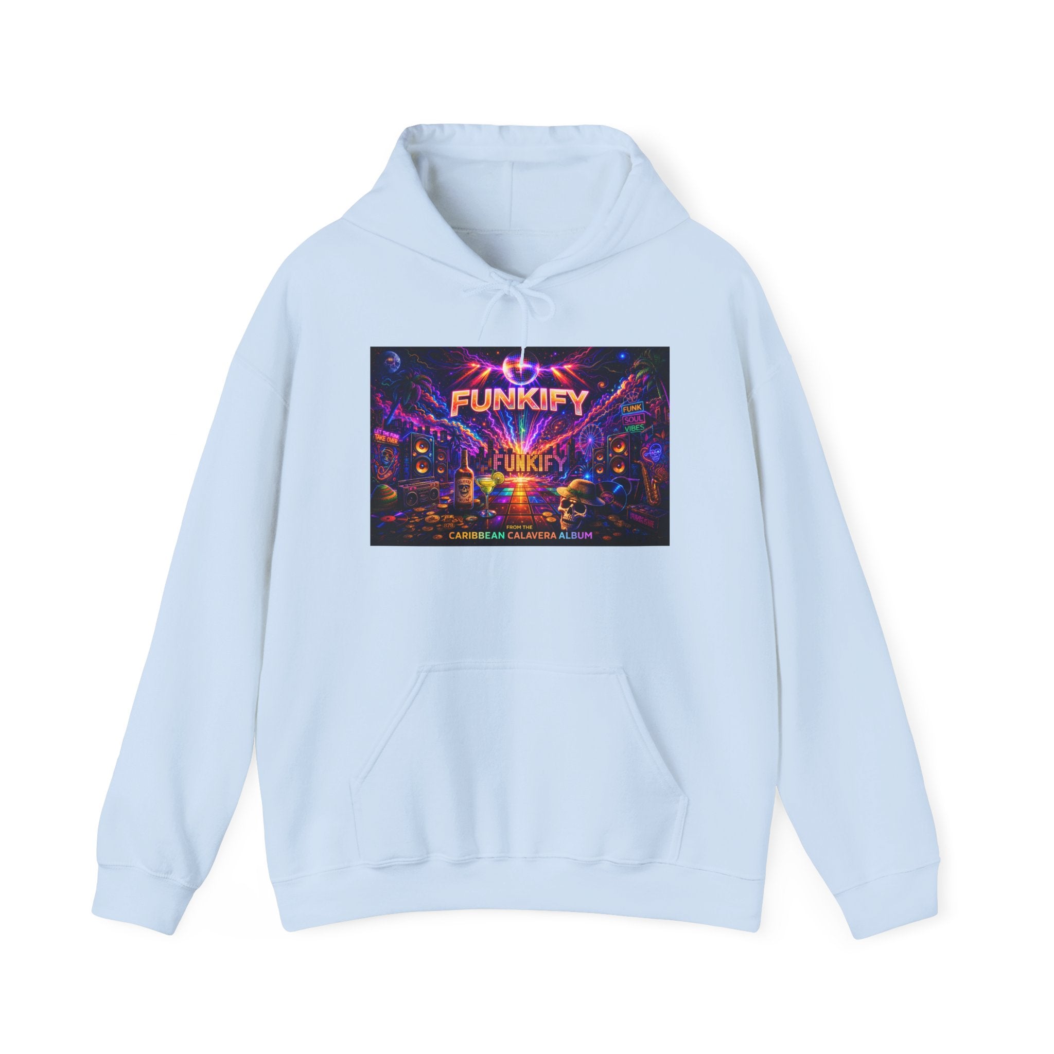 Funkify  Song Cover Art From The Caribbean Calavera Album   Retro Neon Music Hoodie — Vibrant Electronic Festival Sweatshirt