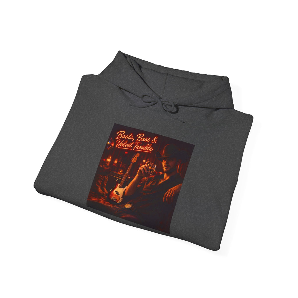 Boots Bass & Velvet Trouble Vintage Whiskey & Guitars Graphic Hoodie Cozy Bar Night Hoodie –