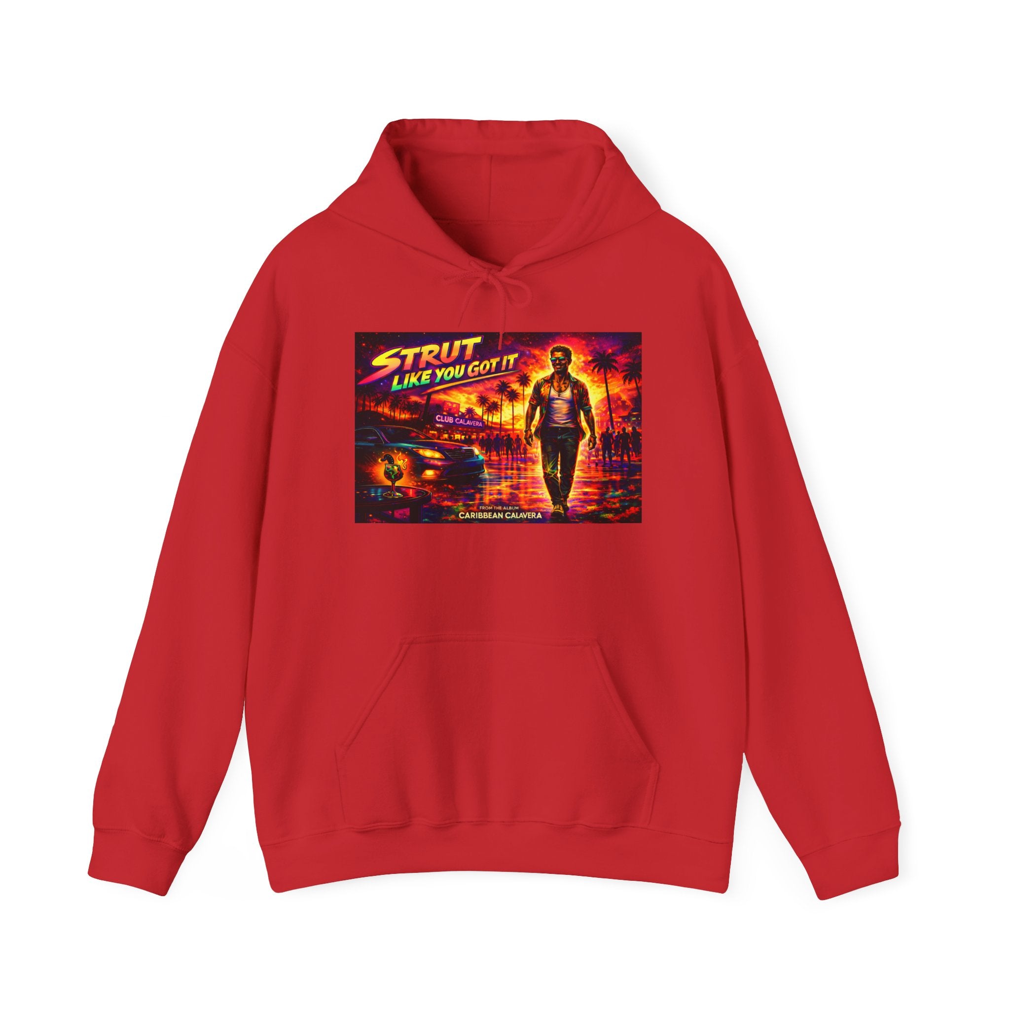 Retro 'Strut Like You Got It' Hoodie Song Cover Art From The Caribbean Calavera Album  — 80s Neon Vaporwave Streetwear