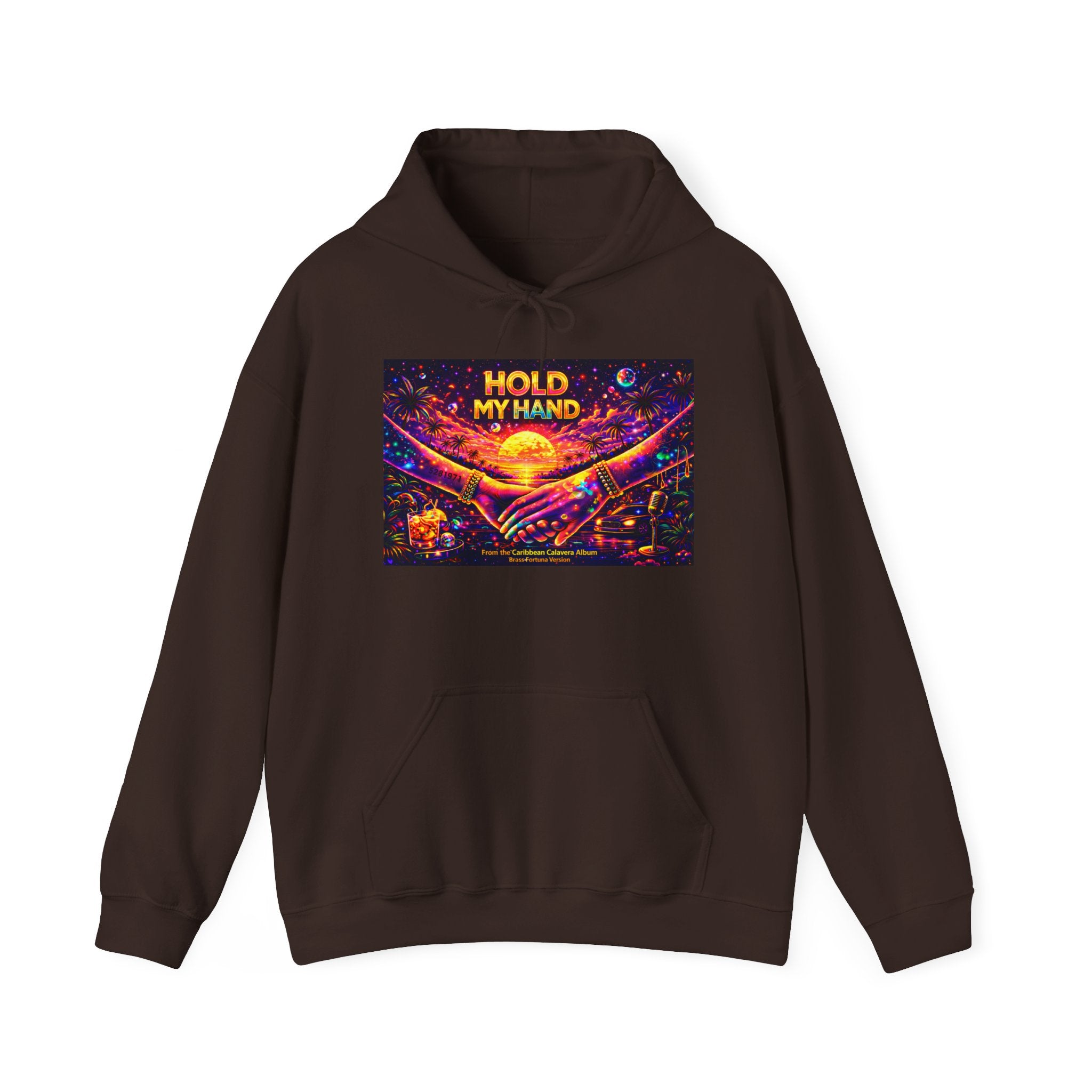 Hold My Hand Cosmic Hoodie Song Cover Art From The Caribbean Calavera Album  — Vibrant Sunset Hands Graphic Sweatshirt