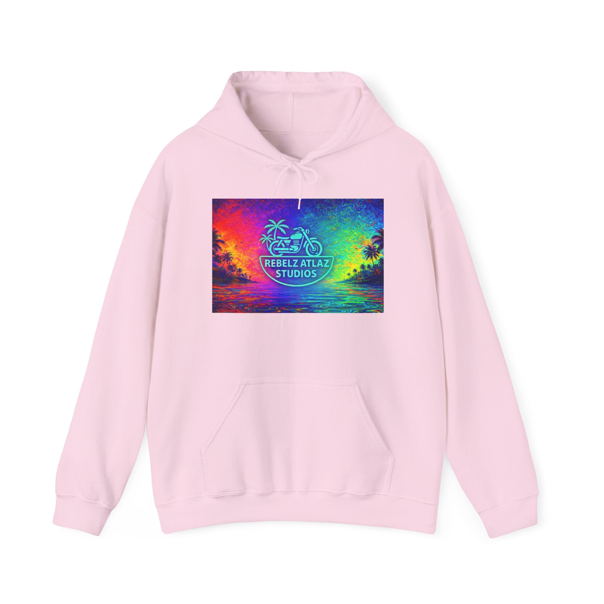 Rebelz Atlaz Studios Tropical Sunset Hoodie — Vibrant Rainbow Beach Graphic