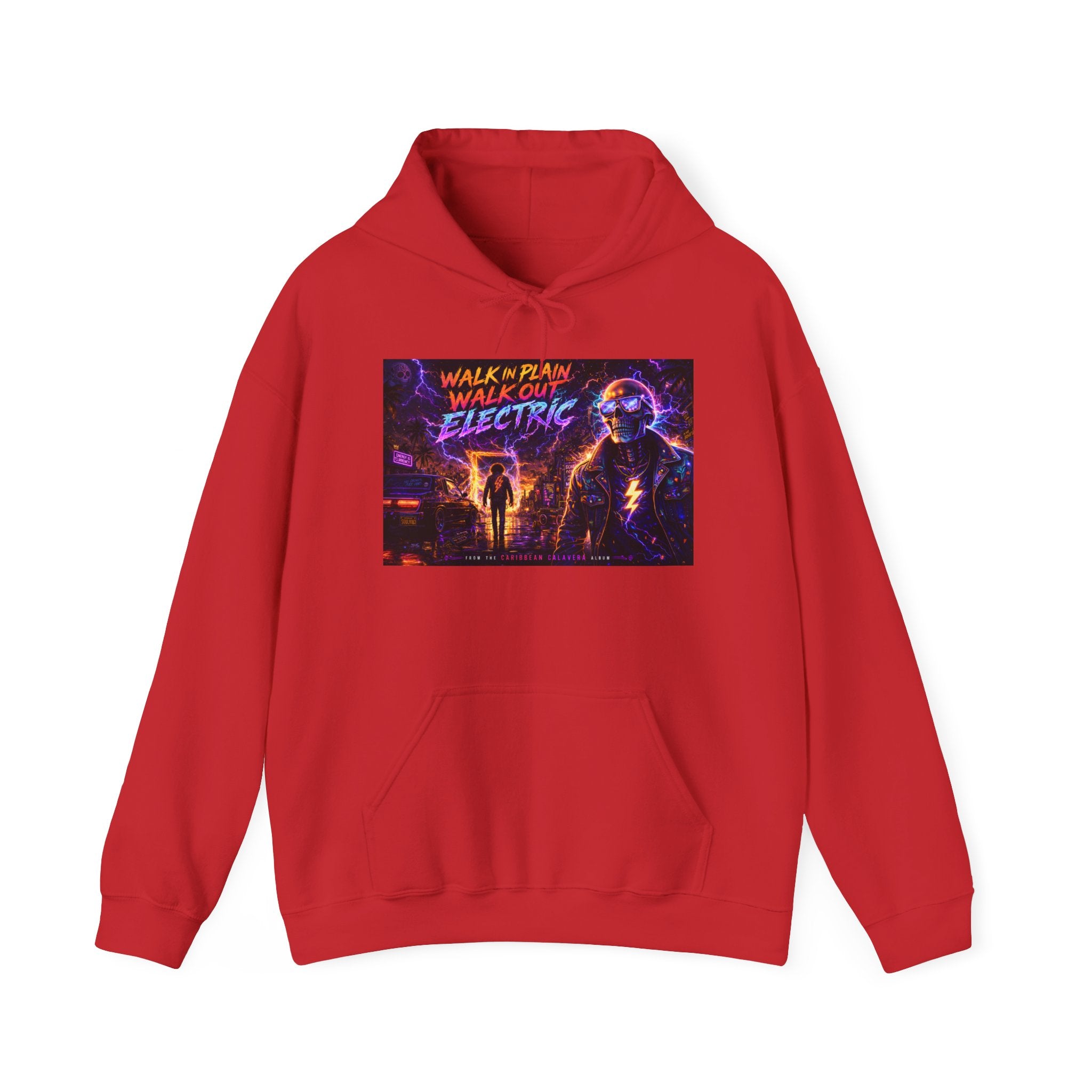 Hoodie — Neon 'Walk With Me, Walk Out Electric' Retro Cyberpunk Design