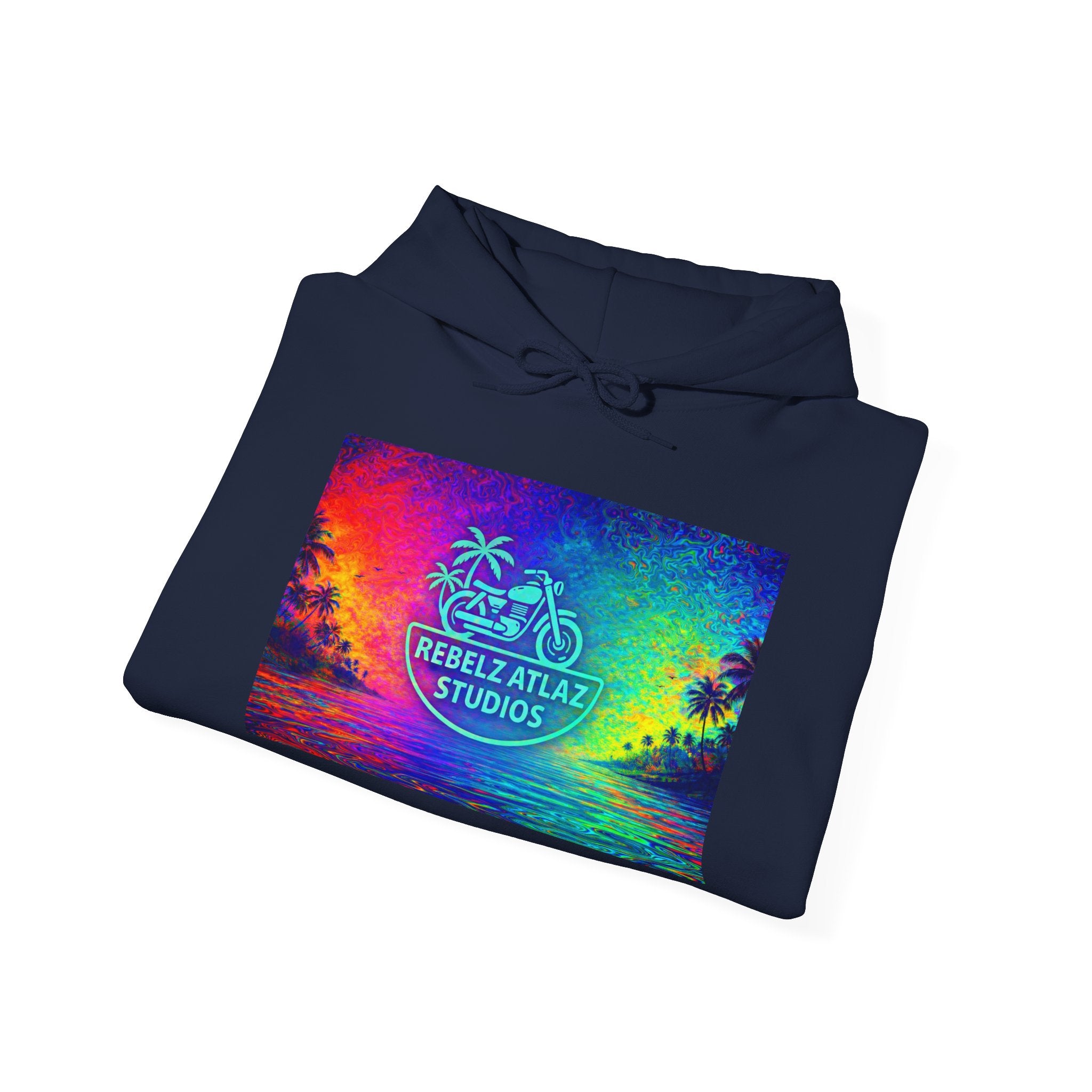 Rebelz Atlaz Studios Tropical Sunset Hoodie — Vibrant Rainbow Beach Graphic