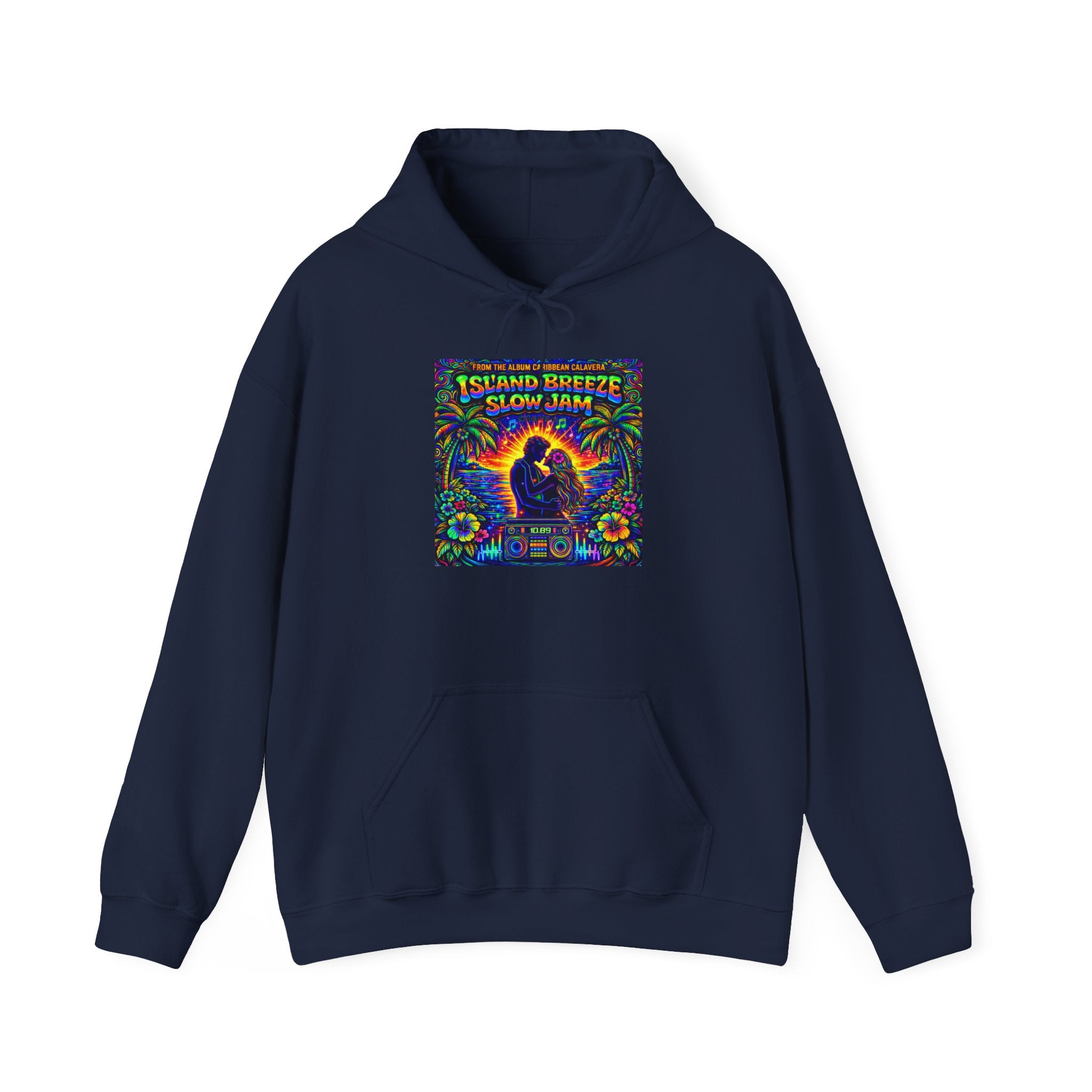 Island Breeze Slow Jam Hoodie  Song Cover Art From The Caribbean Calavera Album  — Retro Tropical Couple Graphic Hoodie